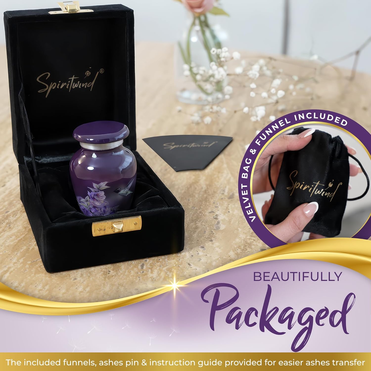 Beautiful 2.9" Hummingbird Keepsake Urn with Premium Gift Box, Velvet Bag & Funnel - Artist Designed Small Urn for Ashes for Women - Beautifully Presented Small Urns for Human Ashes Keepsake Size