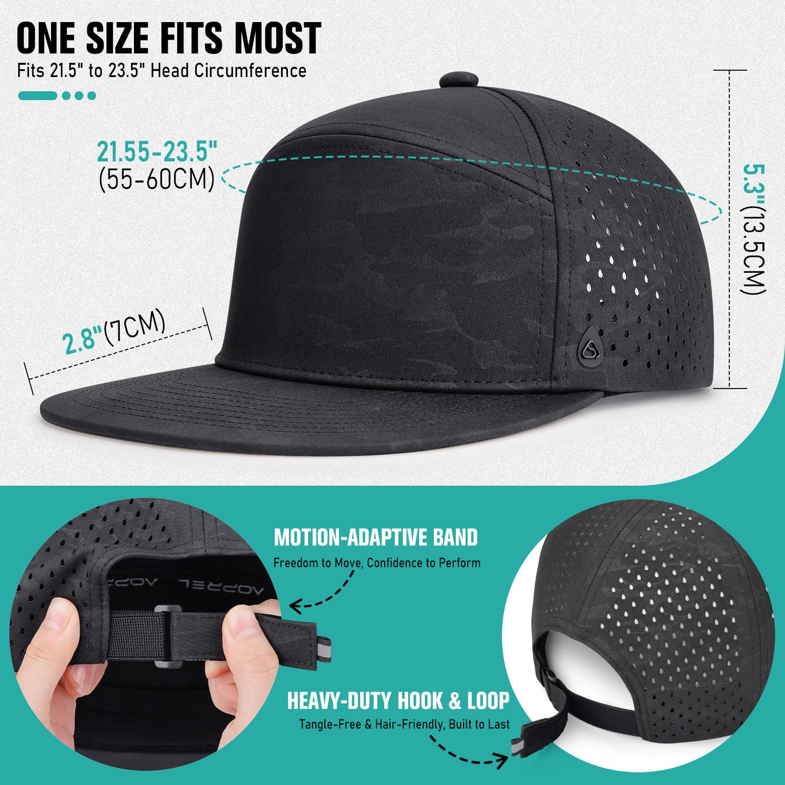 AOPREL Casquette de Baseball à Bord Plat pour Homme - Réglable - Résistante à l'eau - Perforée au Laser - pour la Course, Le Golf, l'entraînement, la Gym et l'extérieur