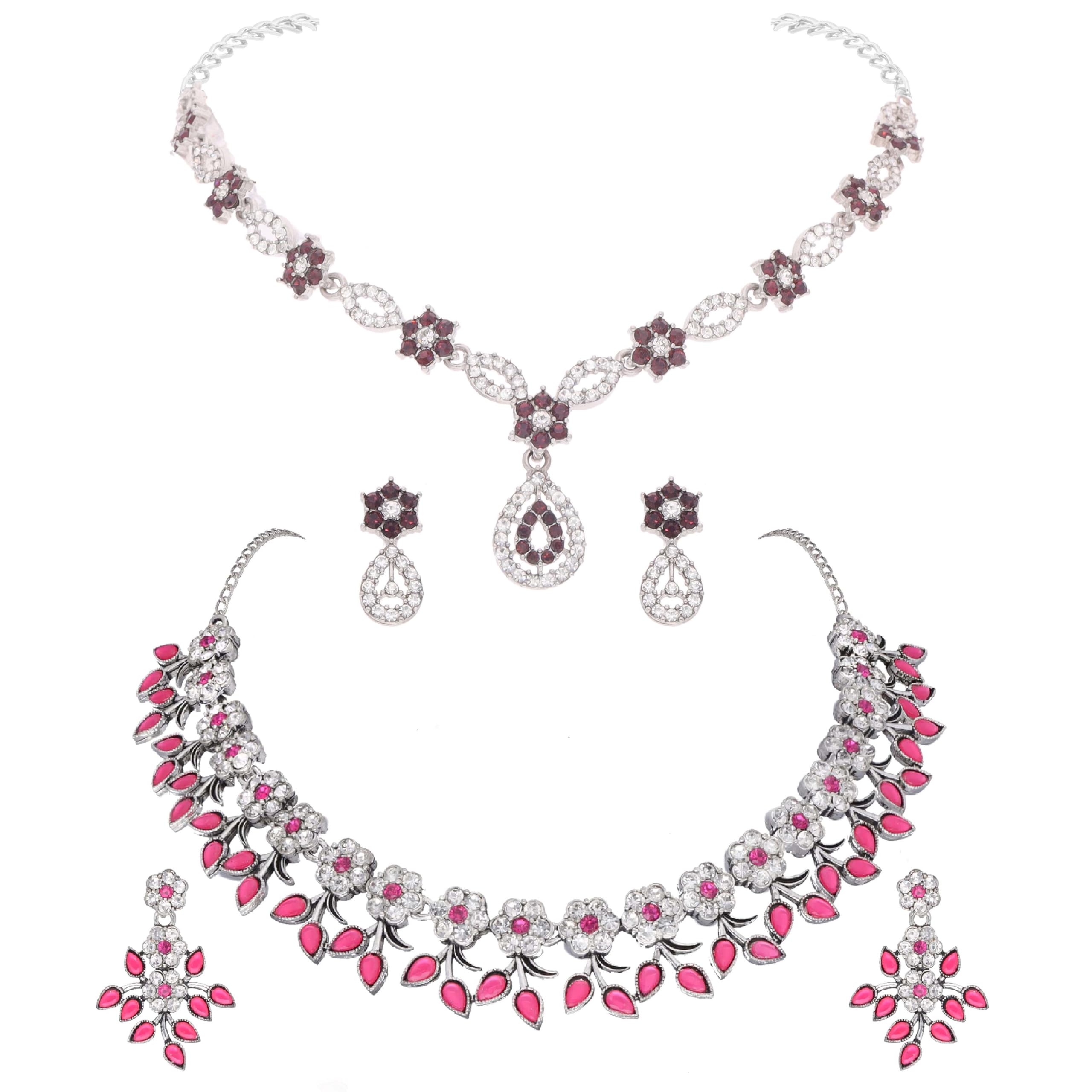 Brado Jewellery Latest Silver Polished AD Stone Studded Choker Necklace Jewellery Combo set with Matching Pair of Earrings for Women and Girls - For Perfect Special Occasion (Pink & Maroon) (B0D8FZCJKD) Amazon Price History, Amazon Price Tracker