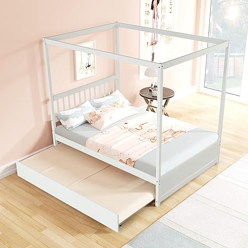 Miniatura 5 de HomSof Cama de plataforma con toldo de tamaño matrimonial con nido marco de cama de madera para niños adolescentes niños o niñas color blanco