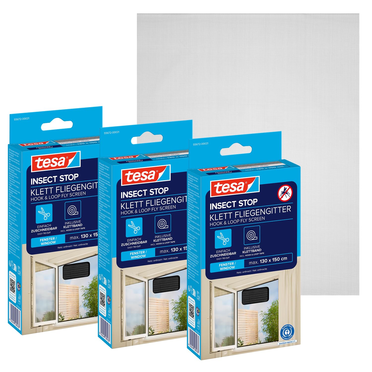Tesa Uk Clear Tesa Insect Stop Hook & Loop Standard For Windows - Self Adhesive Window Fly Screen - Cut To Desired Size - In Anthracite, 3X 130 Cm X 150 Cm