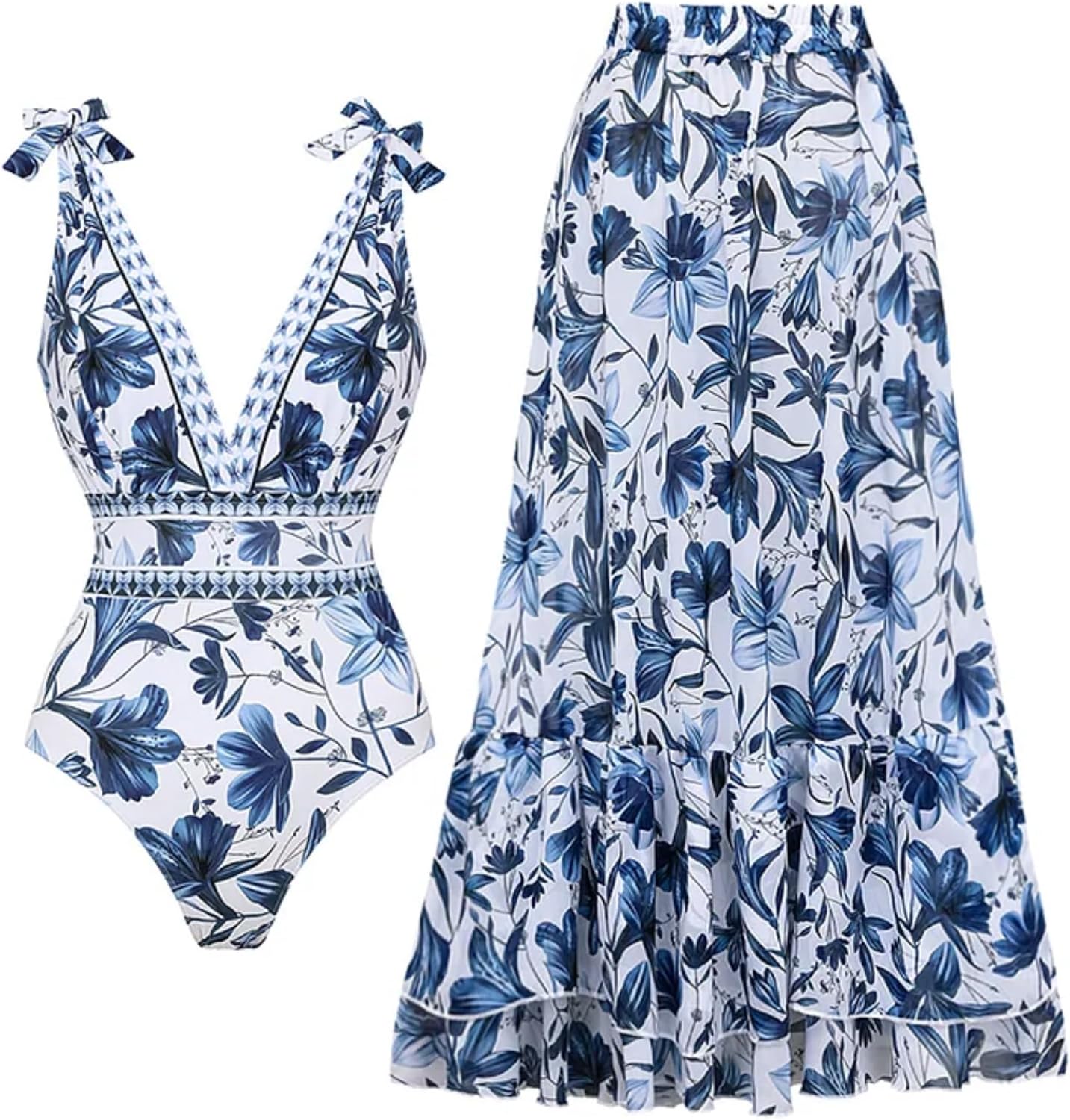 FLAXMAKER Blue and White Adjustable Shoulder Strip Plant Prints One Piece Swimsuit and Skirt/Sarong