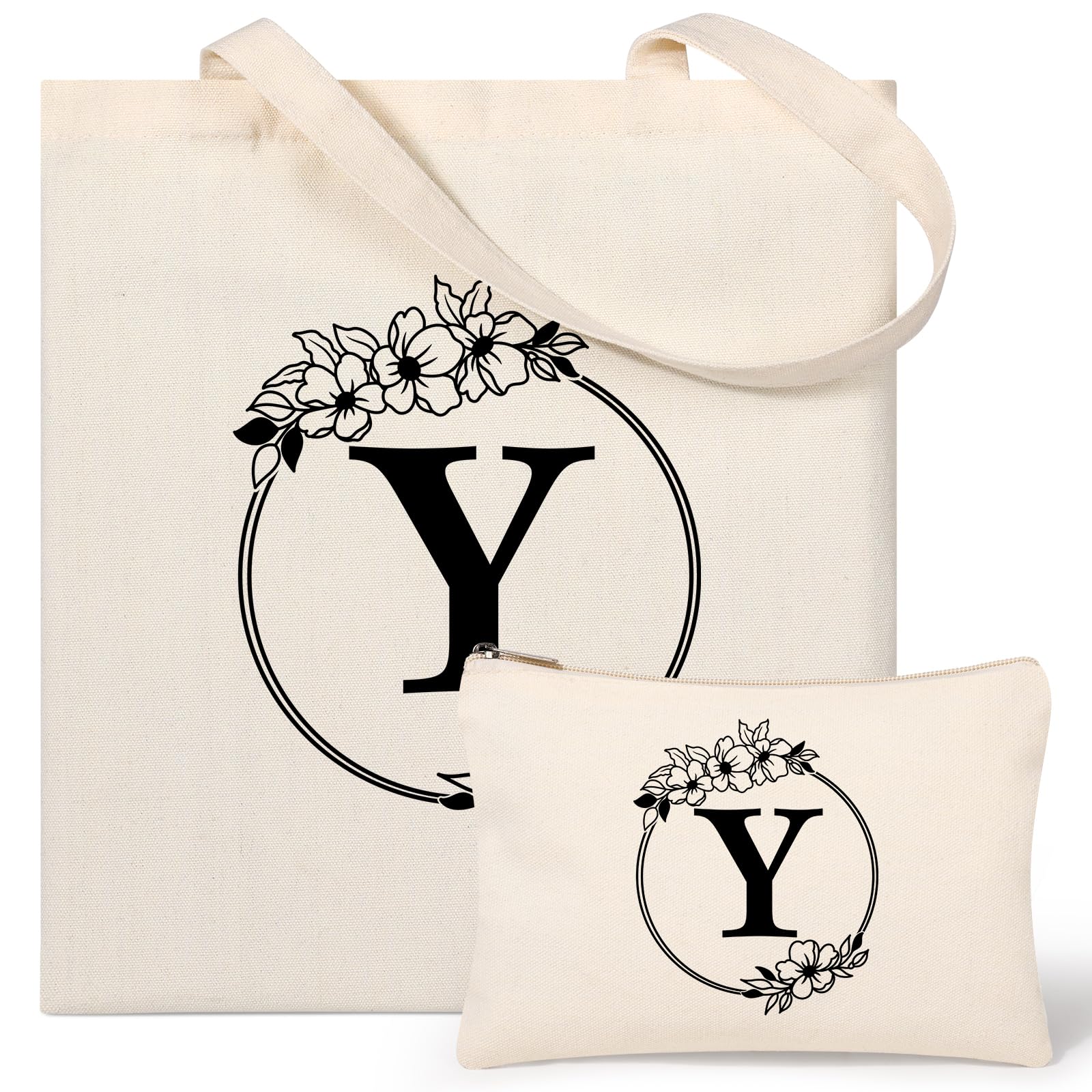 Tecanne Personalised Initial Canvas Tote Bag and Makeup Bag Set, 26 Letters Monogrammed Cotton Reusable Bags for Beach Travel Work School, Gift for Women Mum Teachers Nurses (Y)