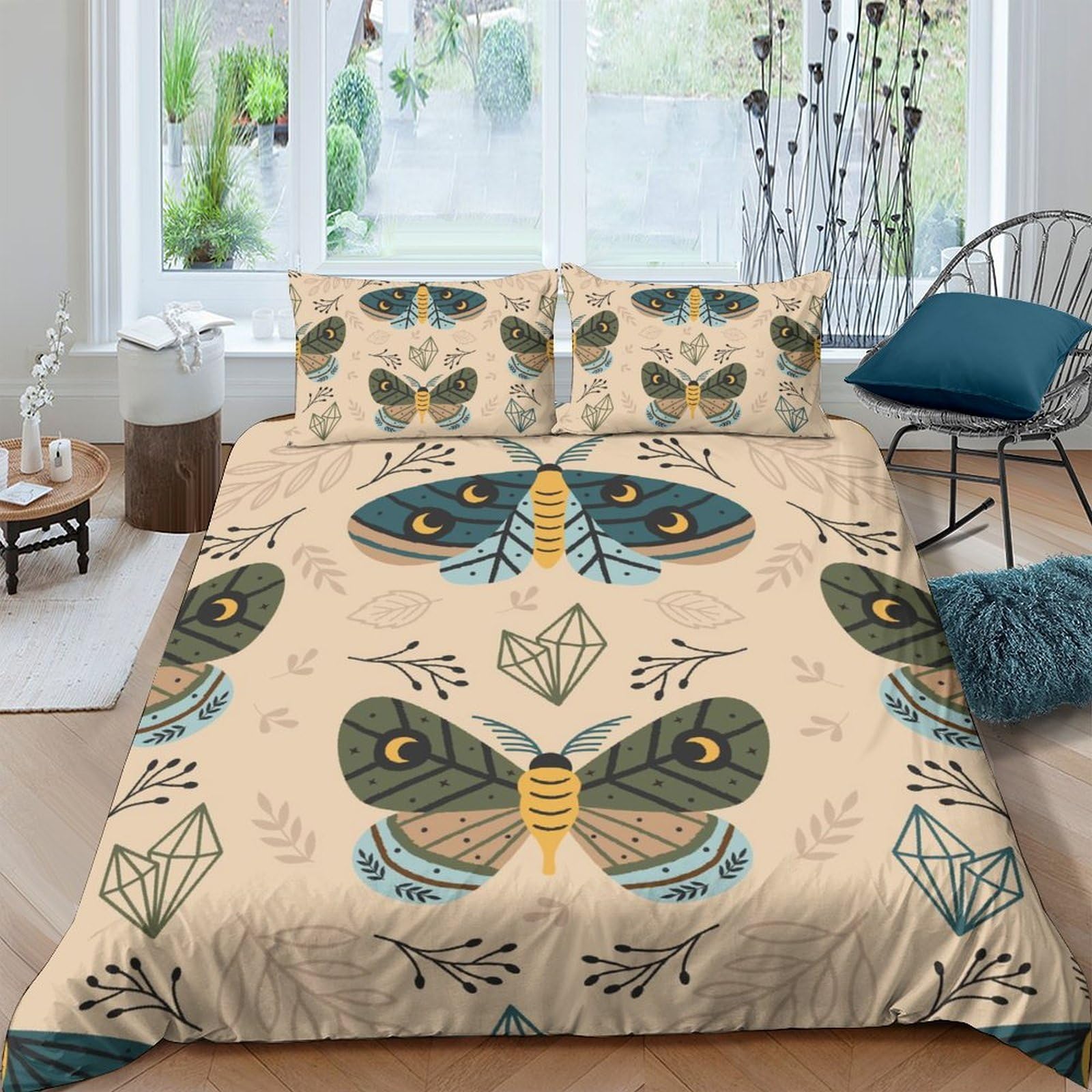 Ctjqhvkz Style-3 3D Printed Moth Botanical Fitted Sheet Microfiber Soft Green Beige Insect Mattress Cover For Bedroom Decor Protection Single（135X200cm）