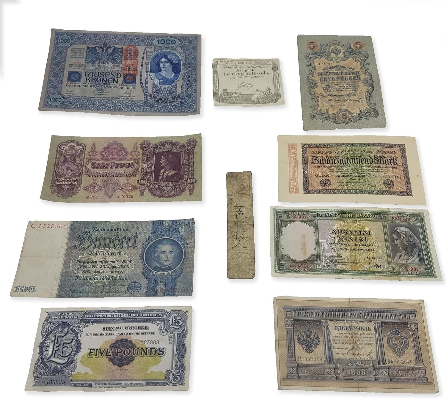 Collezione di 10 Banconote Antiche Autentiche 1792-2014, 4 Secoli di Storia con Certificato di Autenticità