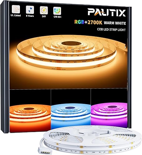 PAUTIX COB - Tira de luces LED, RGBW luces LED RGB+2700K blanco cálido, certificación UL, sin puntos, 24 V, cinta LED que cambia de color para