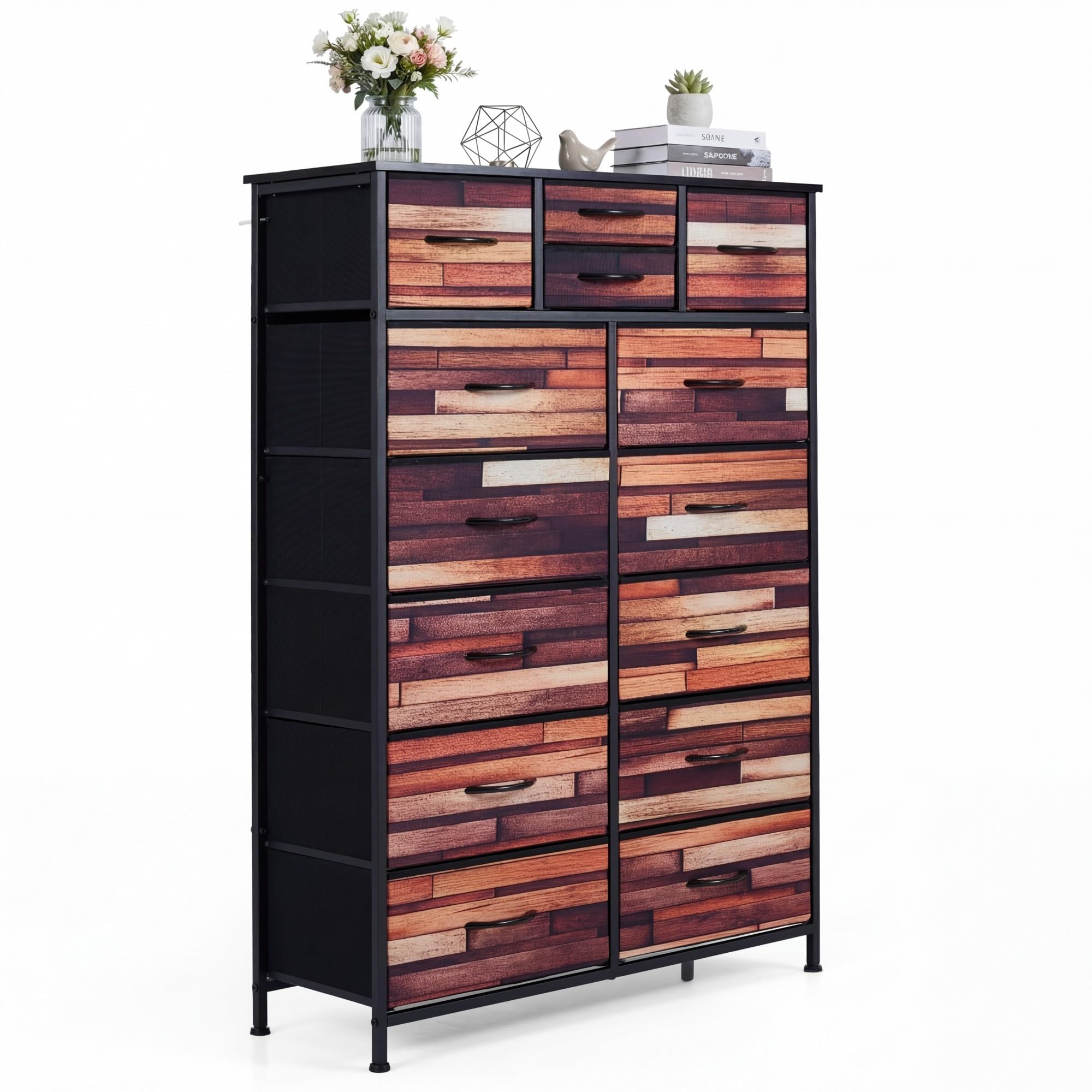 SOARS Cassettiera Camera da Letto con 11/14 Cassetti Pieghevoli, Credenza Soggiorno, Mobiletto Contenitore, Comò Multiuso per Salotto, Ingresso, Stile Industriale, in Legno, Metallo (85 x 30 x 120 cm)