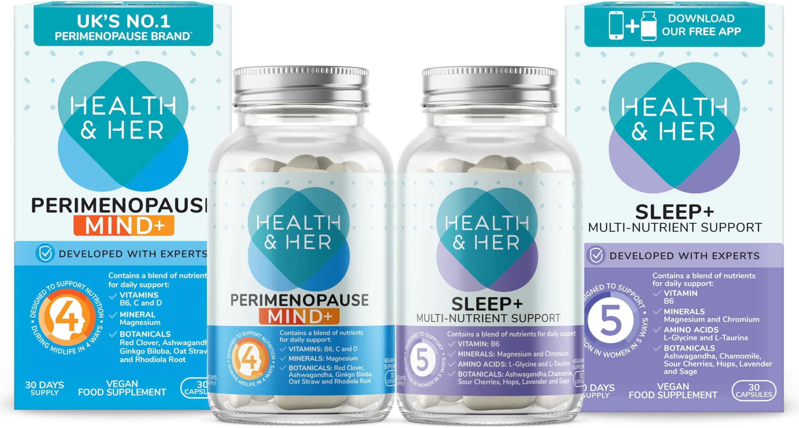 Health & Her Perimenopause Mind+ Supplements for Women - Day & Night Bundle - Wellbeing for Menopause - 1 Month Supply Vegan & Gluten Free