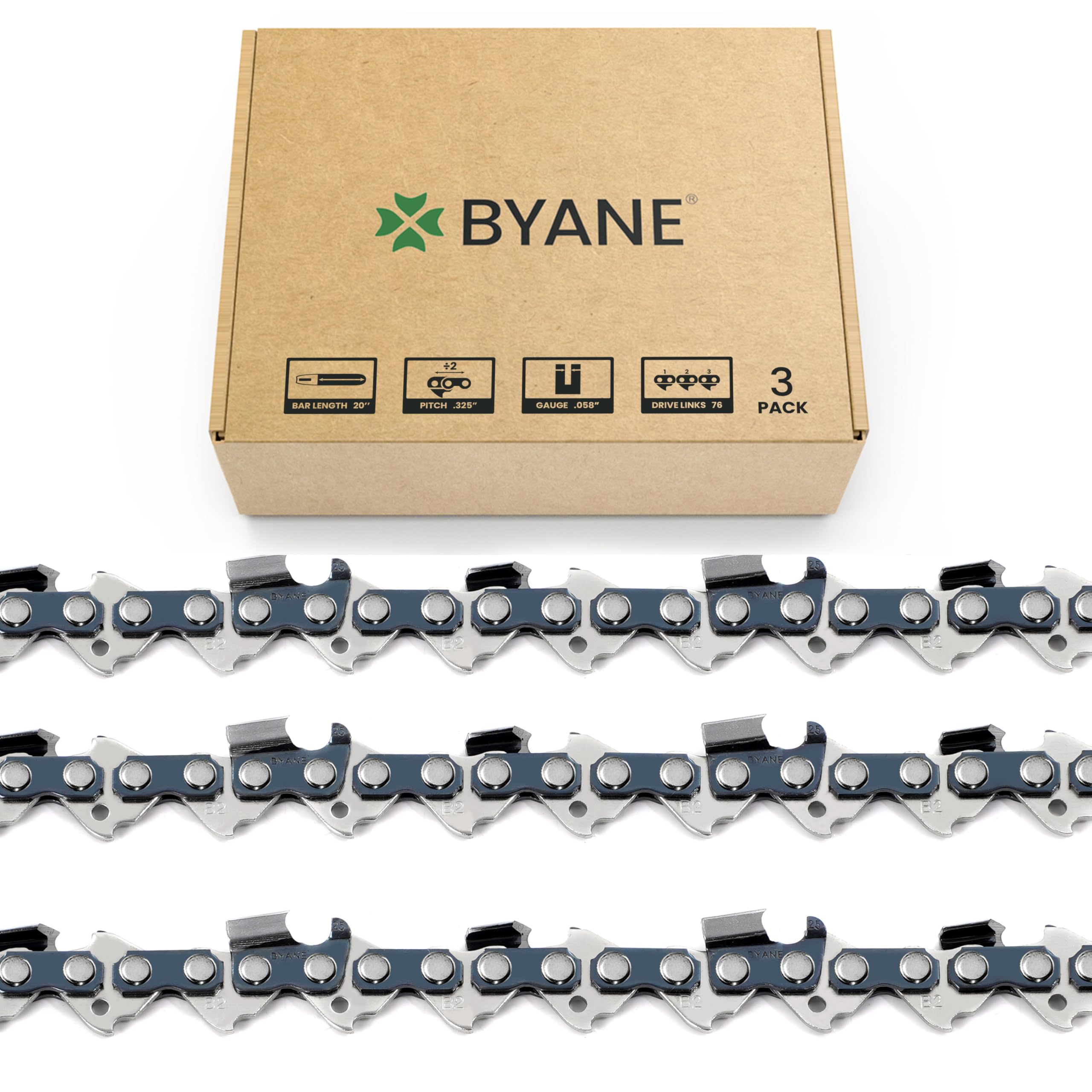 Byane 3 Pack Chainsaw Chain for 20 Inch (50cm) Bar, 76 Drive Links, 0.058" Gauge, 0.325" Pitch, Replacement Chain fits for Timberpro 62CC, Hyundai and Other Chainsaws