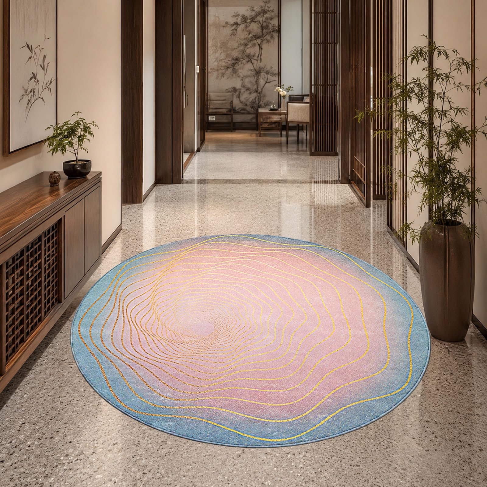 Tapis rond lavable antidérapant 100 cm avec motif abstrait rose jaune pour chambre