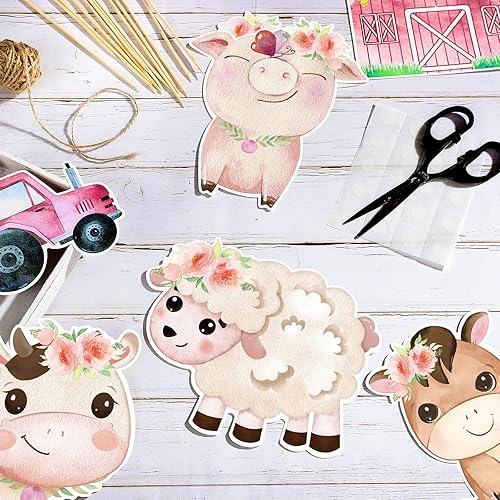 Miniatura 3 de Hotop 42 piezas de recortes florales de animales de granja, decoraciones de fiesta temática de granja rosa con 60 puntos de pegamento para niñas,