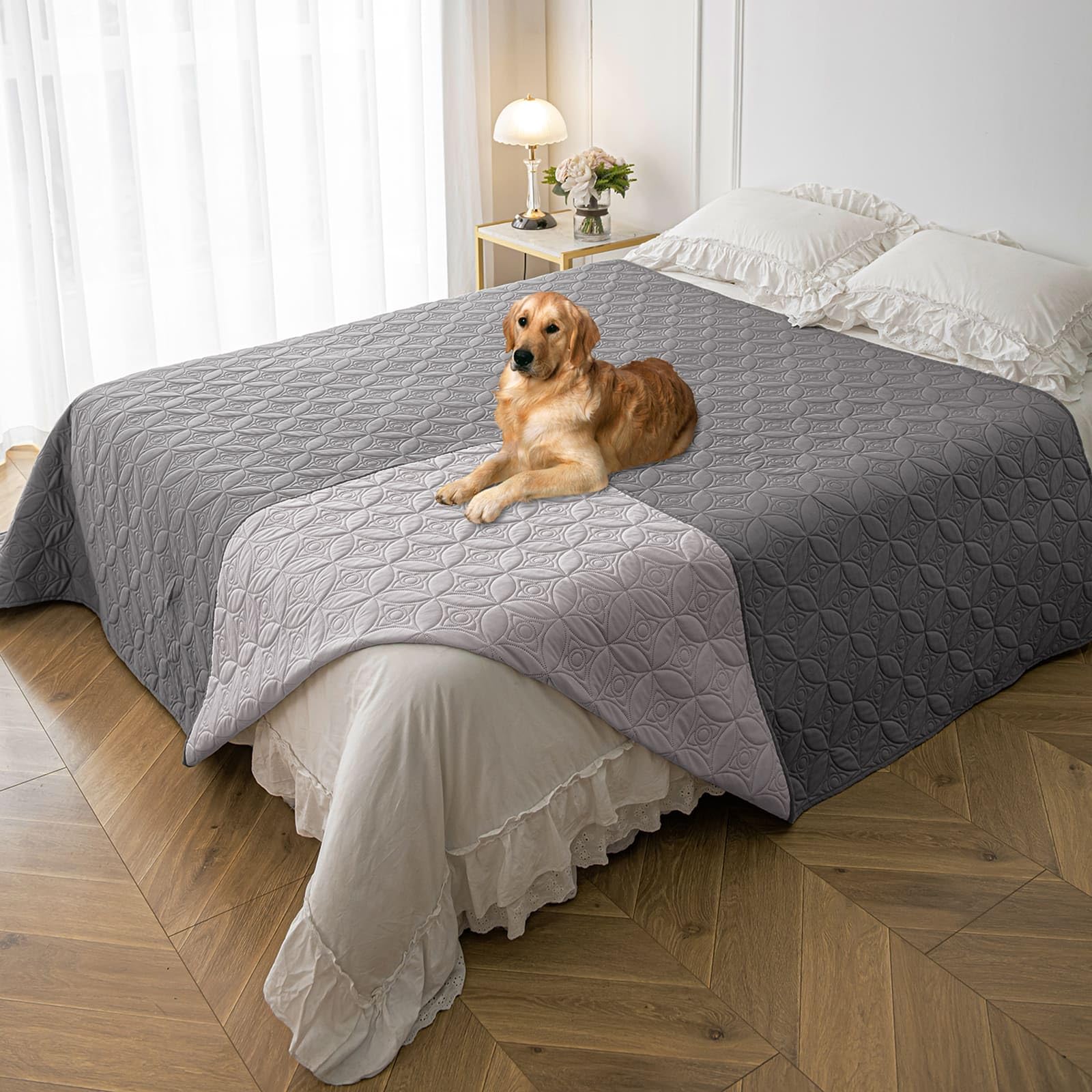 Tuffeel Waterproof Dog Blanket, 82x102 inches Pet Couch Covers for Sofa, Bed Furniture Protector from Dogs Washable and Reversible-Lightgrey+Darkgrey