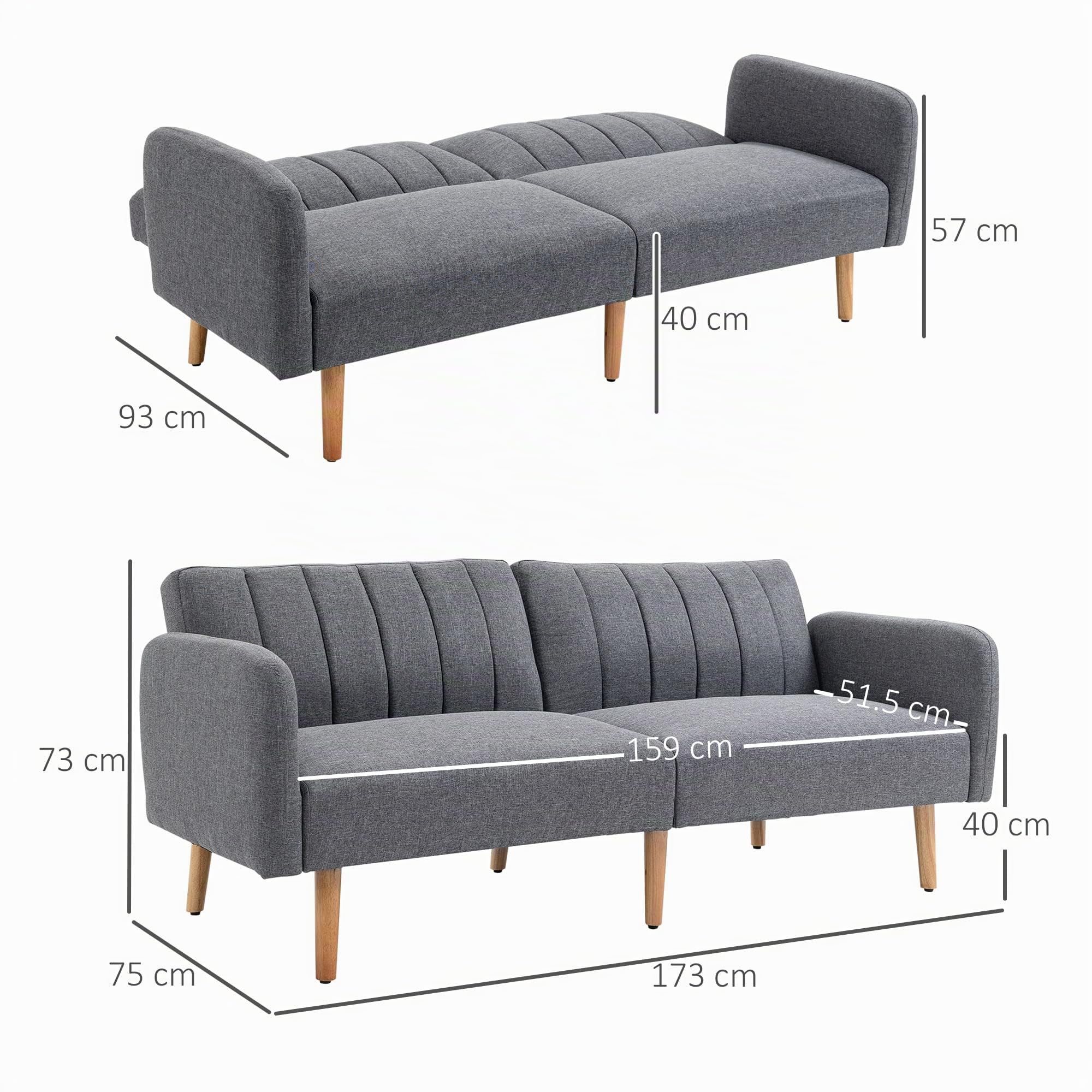 HOMCOM Divano Letto 2 Posti a 1 Piazza con Schienale Reclinabile, Rivestimento Tessuto e Gambe in Legno, 173x75x73cm, Grigio