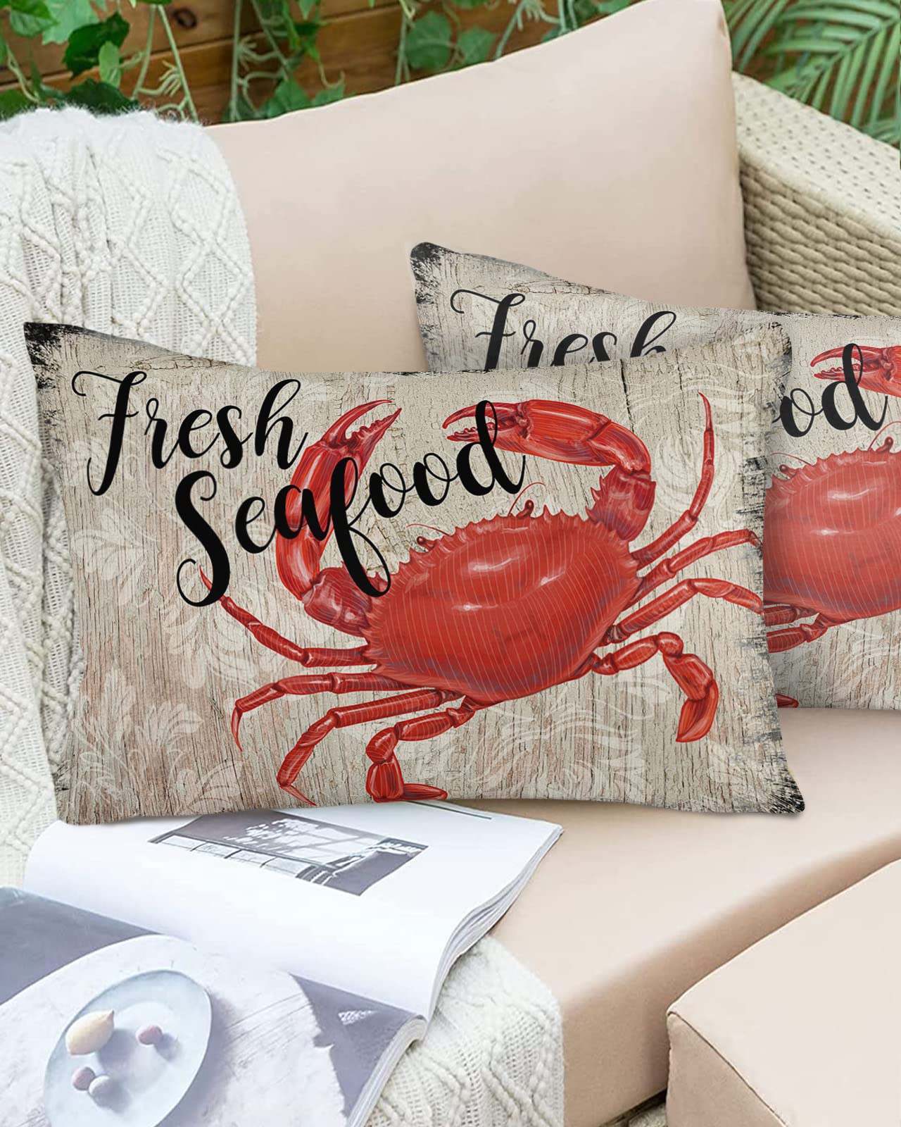 Outdoor Pillow Covers Waterproof, Retro Red Crab Pattern Throw Pillowcase Decorative Cover, Summer Seafood Vintage Wooden Shabby Lumbar Pillow Covers Set of 2 for Sofa, Couch, Tent, Patio 20
