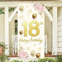 18th Birthday Decoration Door Banner - 1 Pc Gold 18th Happy Birthday Hanging Backdrop Porch Sign Banner For Girls 18 Year Old Party Decoration Yard Sign Photo Booth Props Backdrop Poster Background