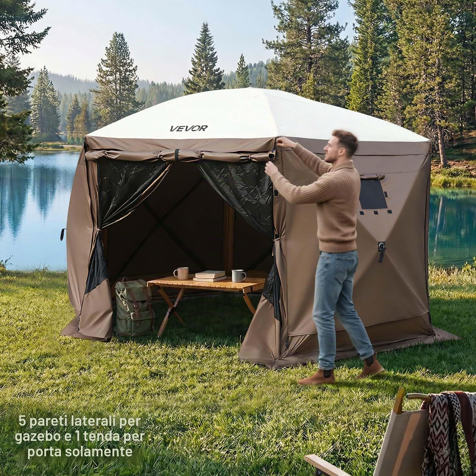 VEVOR Pannelli Laterali per Gazebo 1,73 x 1,48 m, con Protezione Impermeabile e dalla Luce Solare, 1 Porta con Cerniera e 2 Finestre, per Eventi all'Aperto, Solo 6 Pareti Laterali, Marrone