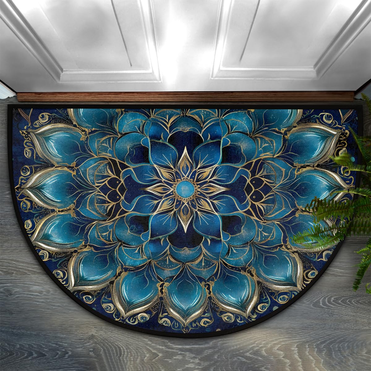 Half Round Door Mat Flower Mandala Ethnic Style Non Slip Washable Semi Circle Area Rug Absorbent Soft Half Moon Rug Floor Mat for Indoor Outdoor