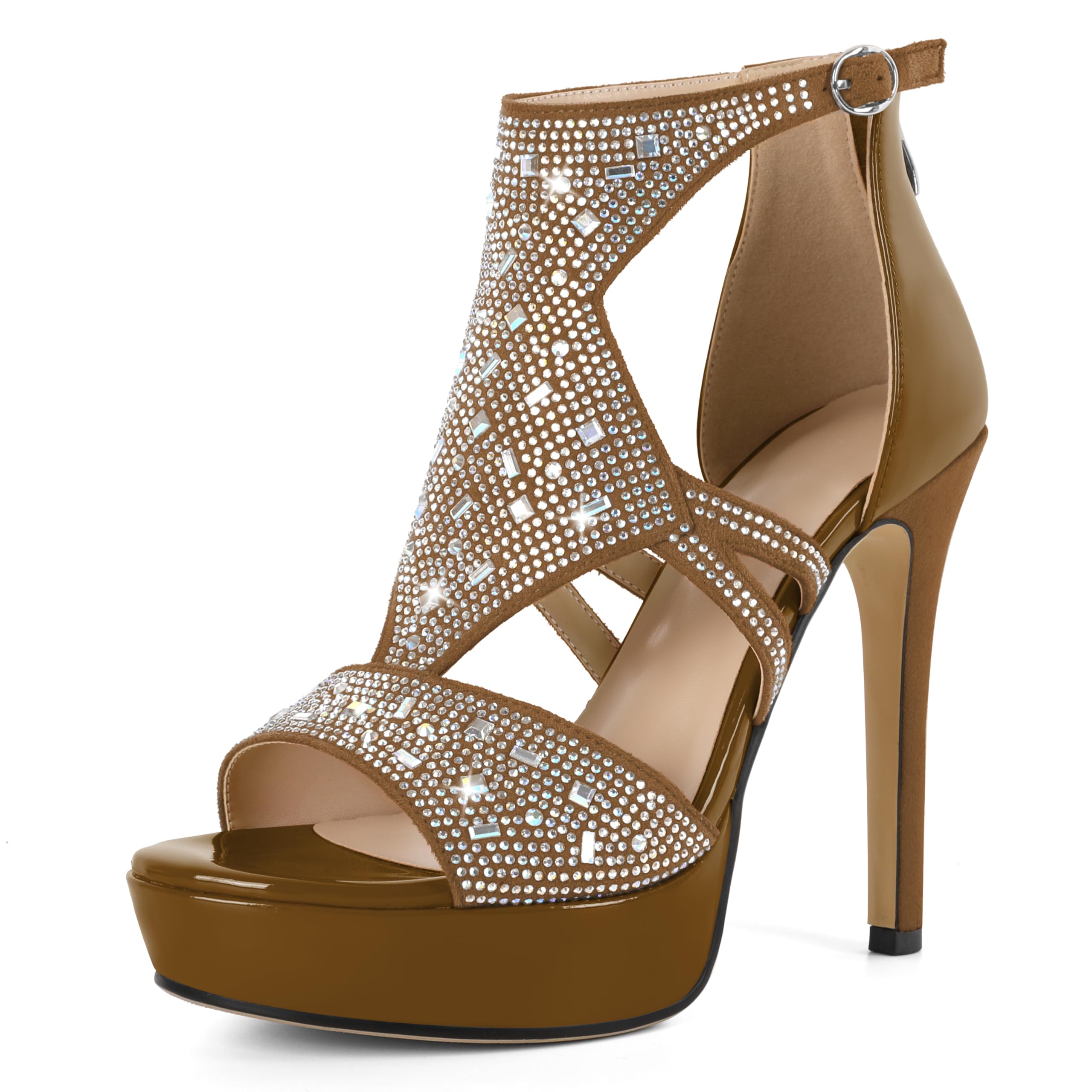 Eldof High Heeled Sandals for Women, Open Toe Strappy Platform Sandals, Cutout Gladiator Heels with Rinestones, Pumps Shoes for Dress Party Evening