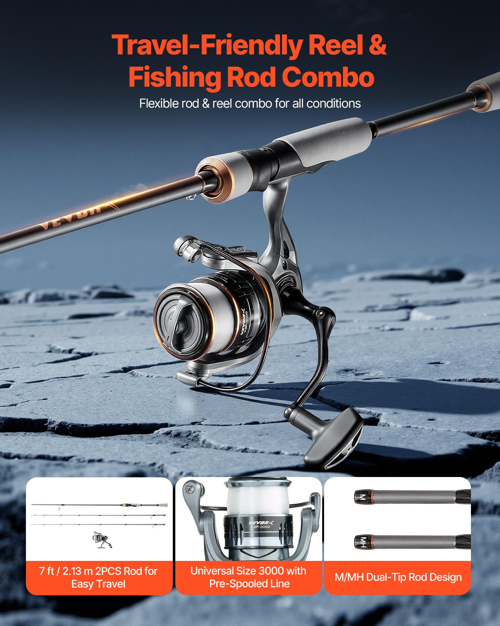 VEVOR Juego de 2 Cañas de 2,13 m y Carrete de Pesca, Caña de Fibra de Carbono IM7, con Rodamientos de Bolas 7+1 y Mango de EVA, para Pesca en Agua Salada y Dulce, 2115 x 380 x 140 mm, Media-Pesada