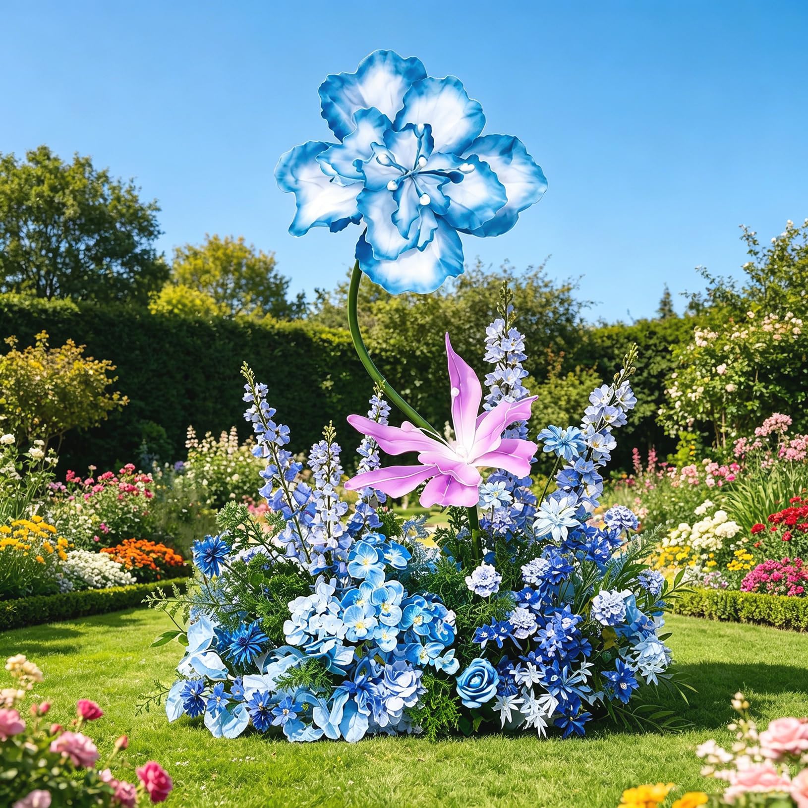 Grandes fleurs artificielles de prestige avec base debout bleue