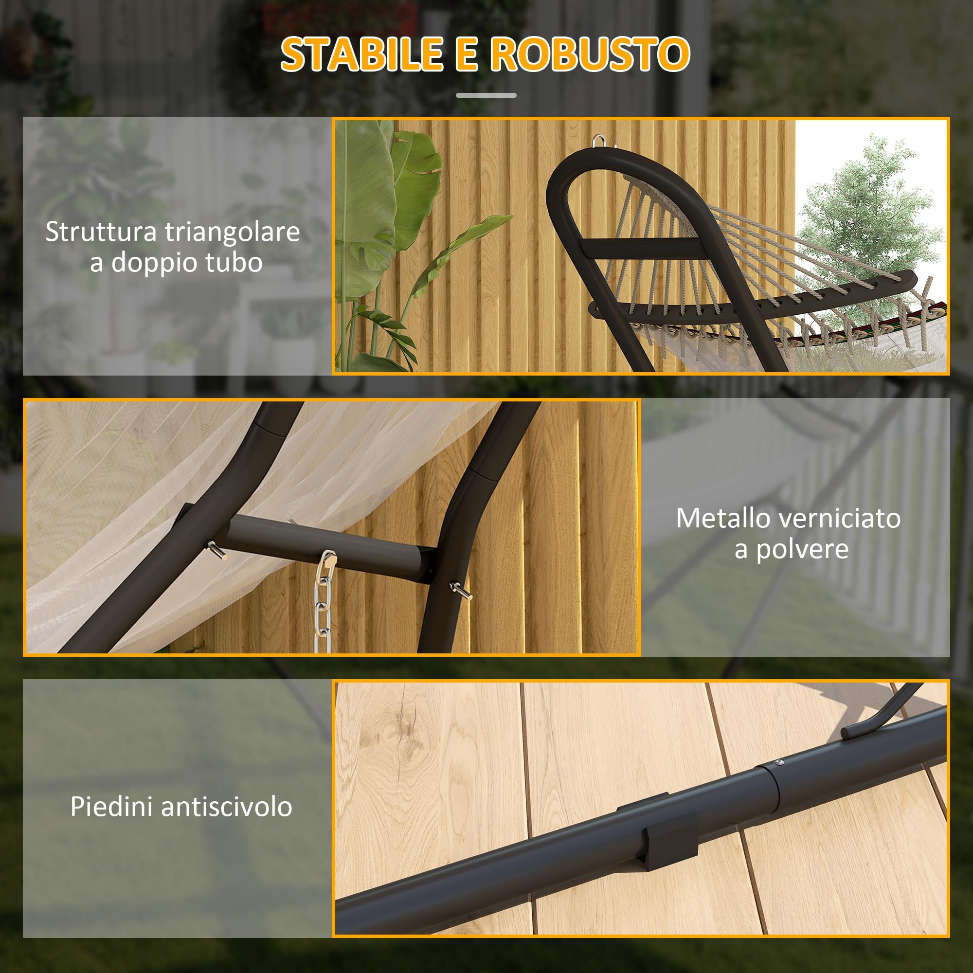Outsunny Supporto per Amaca per 2-3 Persone, Regolabile con Piedini Antiscivolo, Sostegno per Amaca in Acciaio con Catene e Ganci a S, per Amache da 2.75-4 m, 278 cm, capacità 150 kg, Nero