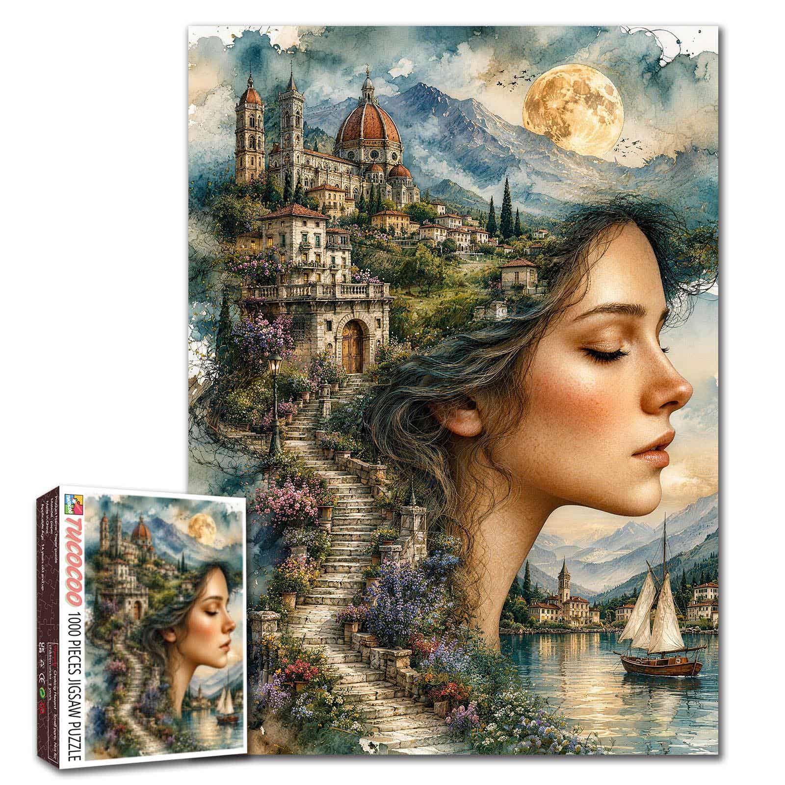 European Village Puzzle Watercolor Jigsaw 1000 Pieces for Adults Fantasy Woman Puzzles Scenic Landscape Picture Perfect for Families Party Game Gifts โ image 1
