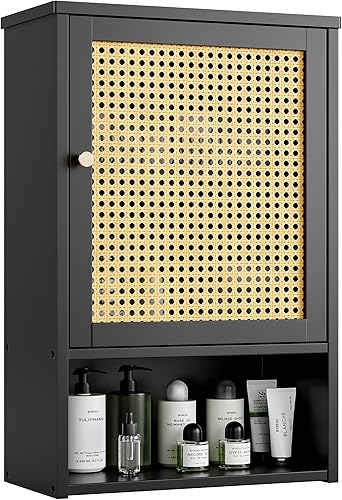 Armario de pared de baño, organizador de almacenamiento de bambú sobre el inodoro con puertas de ratán y estante ajustable, botiquín ahorrador de