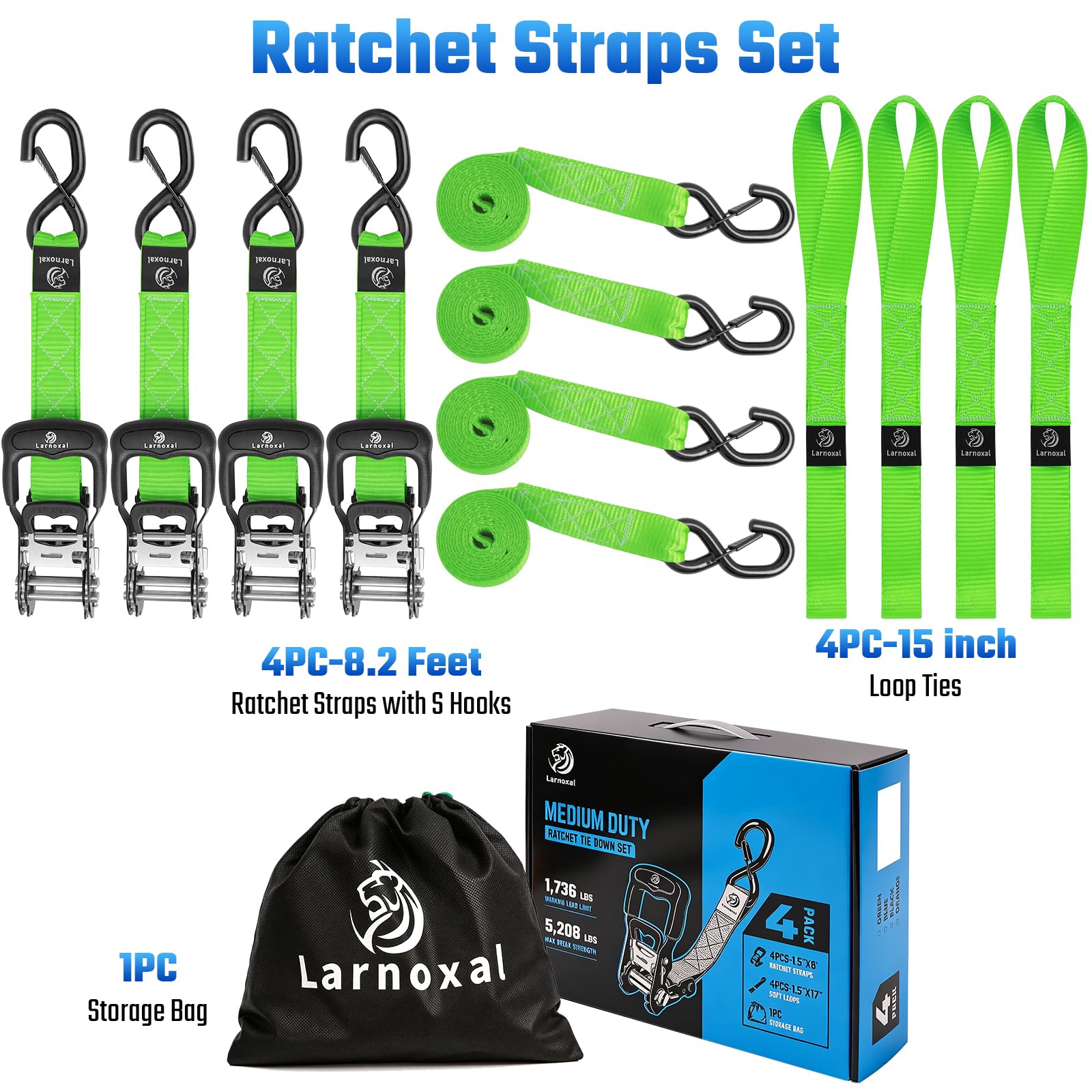 Cinghie a cricchetto retrattili, confezione da 4, resistenza alla rottura di 2,4 kg, 3,8 cm x 2,4 m, resistenti, con gancio a S, set di cinghie per camion, furgoni, rimorchi, moto (verde)