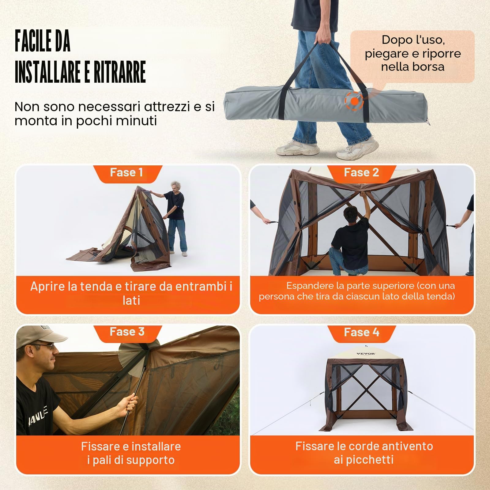 VEVOR Gazebo Pop-Up, Tenda con Schermo Pop-Up, Baldacchino su 4 Lati, Riparo da Sole 4 Panni Antivento Rimovibili Finestre in Rete, con Zanzariera Schermo a Montaggio Rapido 1,83 x 1,83 m Marrone