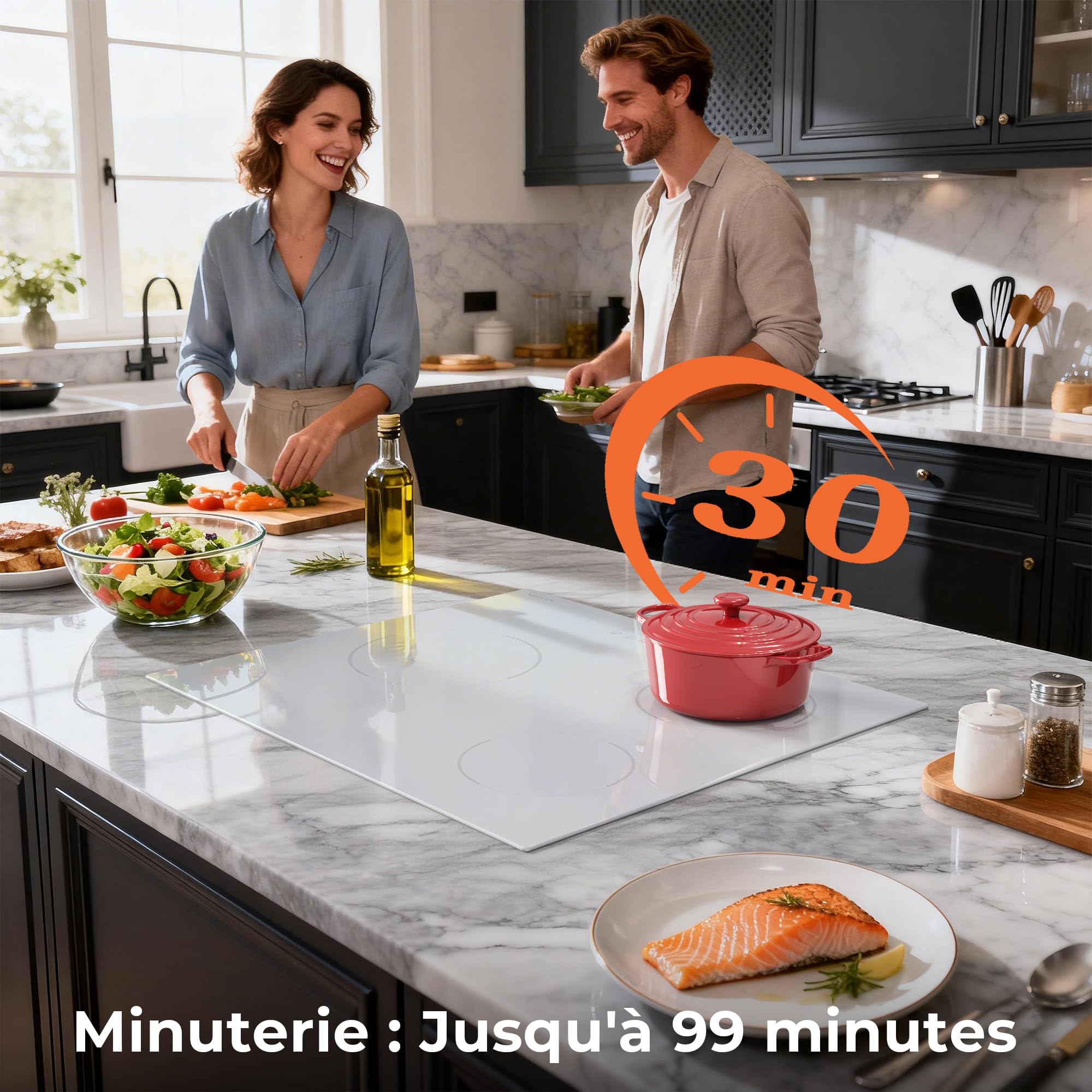 Karinear Plaque Induction Blanc 3 Feux avec Prise | Plaque de Cuisson Induction Encastrable 59CM, 3500W, Commande Tactile, Boost, Verrou de Sécurité, Minuterie, 220V