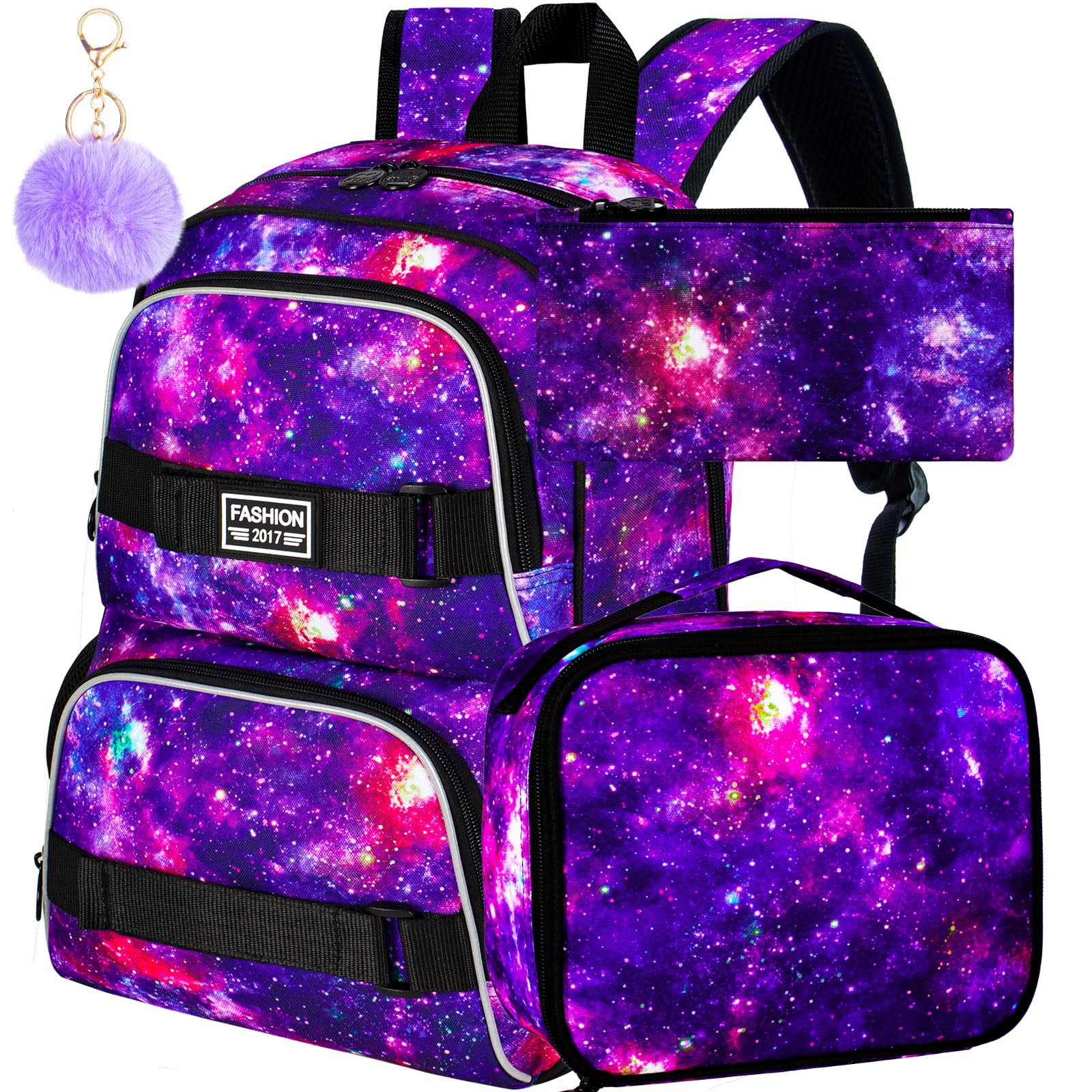 KLFVB Girls Bookbag, 17" Galaxy Backpack, Water-Resistant College School Backpacks for Women & Teens (Middle/Primary Students) - Galaxy Purple