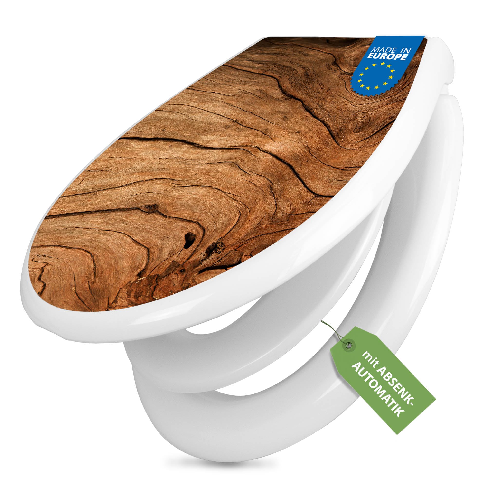 banjado Familien WC Sitz mit Absenkautomatik 44,9x37,1cm - Klobrille mit Kindersitz aus hochwertigem Polypropylen - Toilettendeckel mit Kinder Toilettensitz integriert - Motiv Trockenes Holz