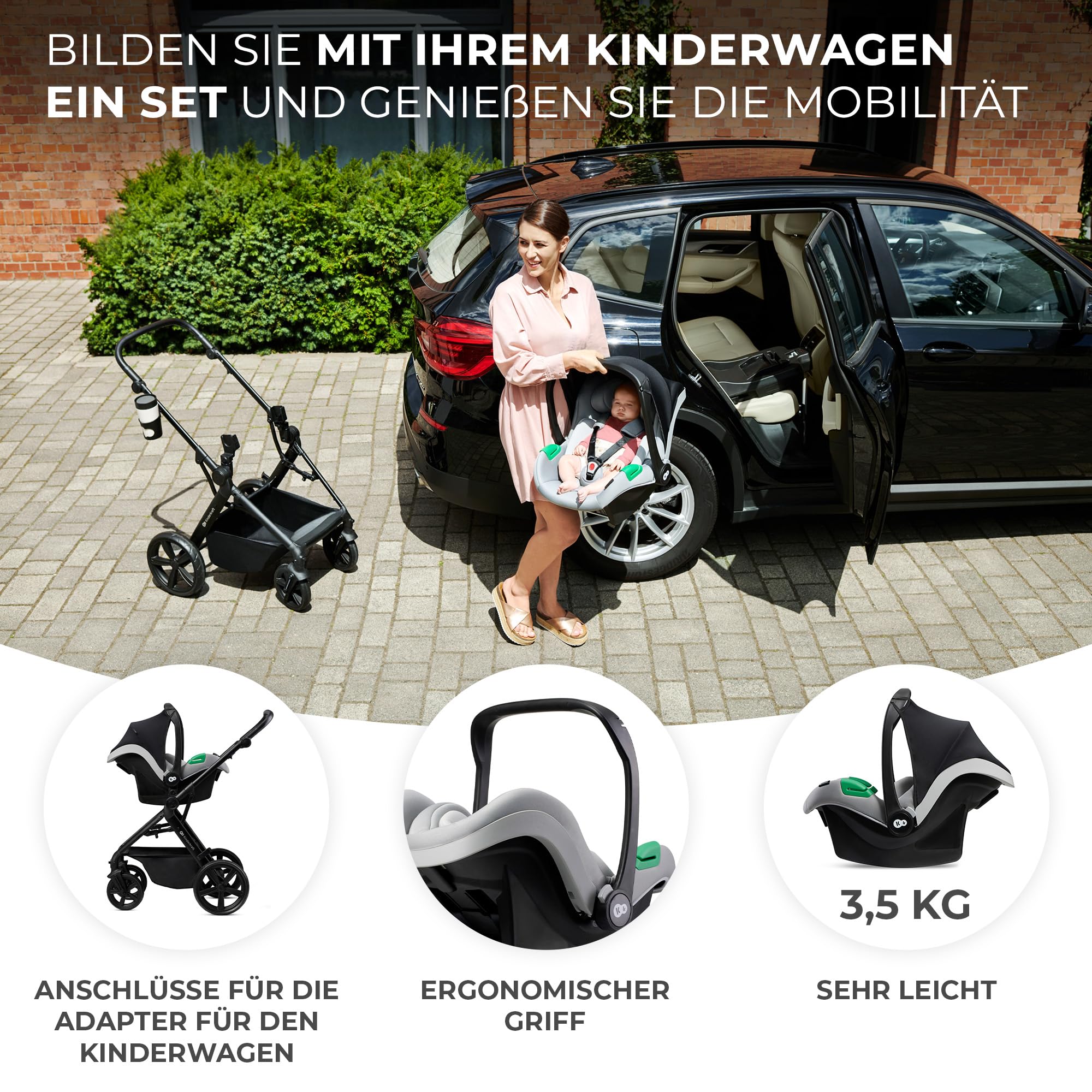Kinderkraft 4 in 1 Kombikinderwagen Komplettset bis 22 kg mit Babyschale Regenschutz Fußsack wasserfestes Verdeck UPF50+ Schwarz