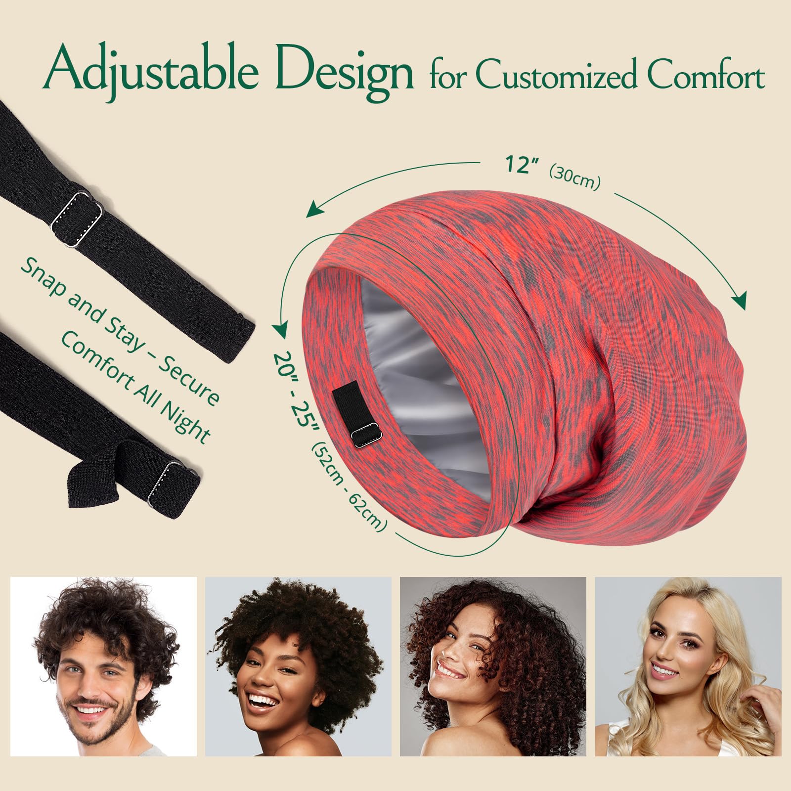 Joyhabit Gorro de satén para dormir, exterior de algodón transpirable e interior de satén sedoso para mujeres y hombres con correa ajustable