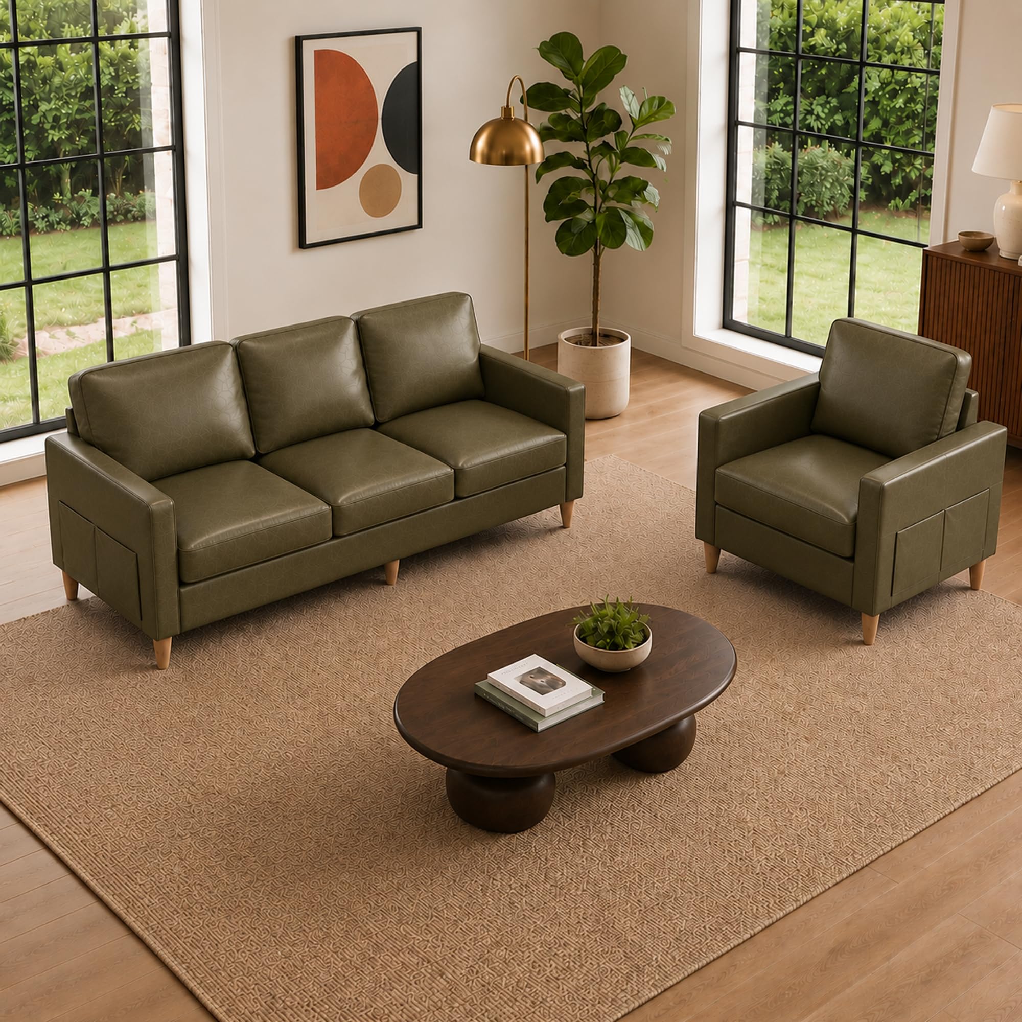 Kingfun Couch Set for Living Room, 3 Seater Faux Leather Sofa and Armchair