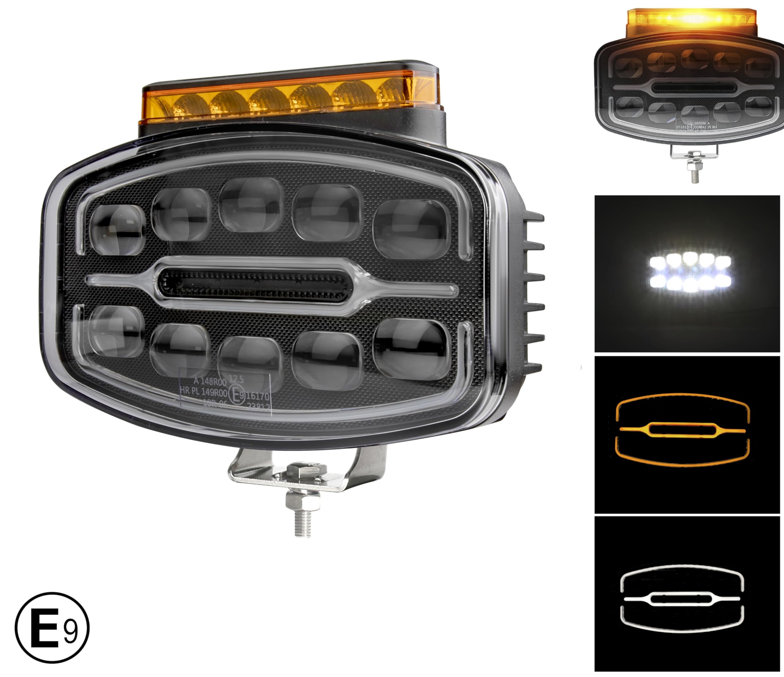 2 Phares de Travail Auxiliares LED 55W 12V 24V 1400 LM Projecteurs Longue Portée + Feu de Position Orange/Blanc + Gyrophare Orange Homologation ECE E9 R10 R148 R149 R65 Camion Poids Lourds VTT 4x4