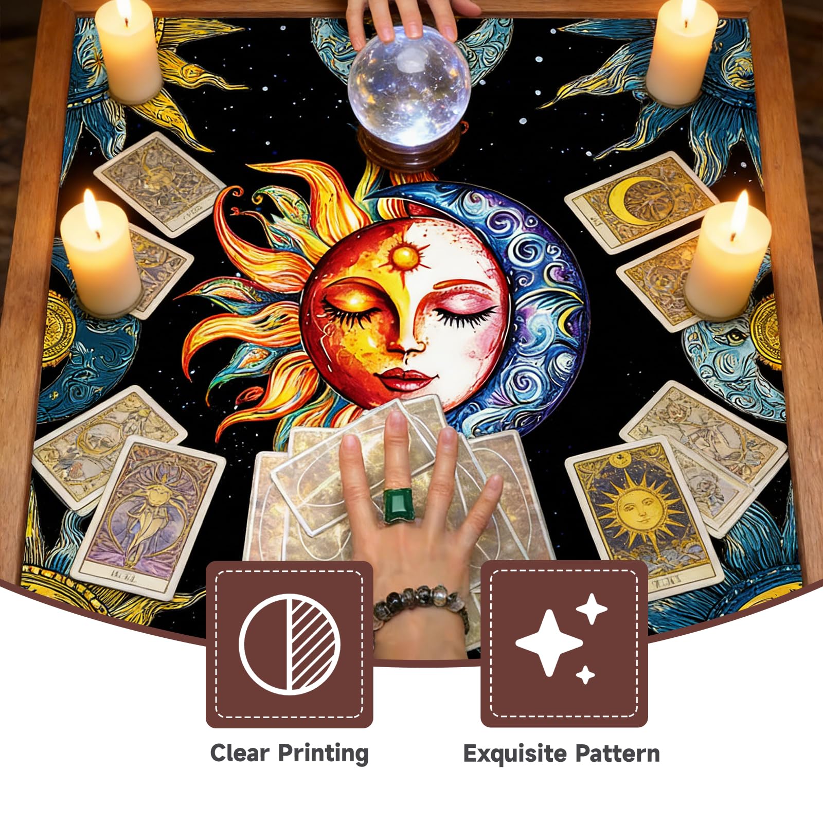 Tappeto per Tarocchi e Carte Oracle, Tovaglia per Altare con Disegno Sole e Luna, Accessorio per Cartomanzia, Pendolo e Divinazione, Ottimo per Chi Inizia a Praticare, 50 cm x 50 cm