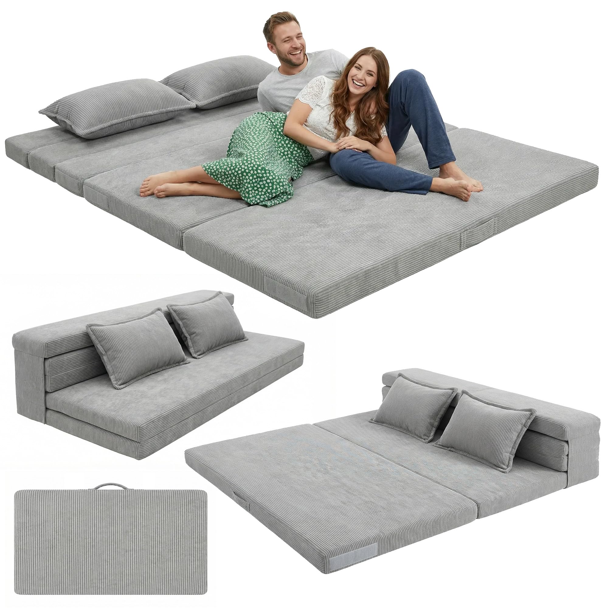 Anevna Tri-Fold Futon Mattress, Foldable Japanese Floor Sleep Mattress, High-Density Foam Tatami Bed Mat with Corduroy Cover, Floor Bed Mat for