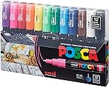 uni Posca Paint Art Markers, Set of 12 Extra Fine Point Acrylic Paint Pens for Coloring Gifts, Decorations, Fabric, Metal, Glass, Rocks, Wood and Canvas, Assorted Colors, PC1M12C