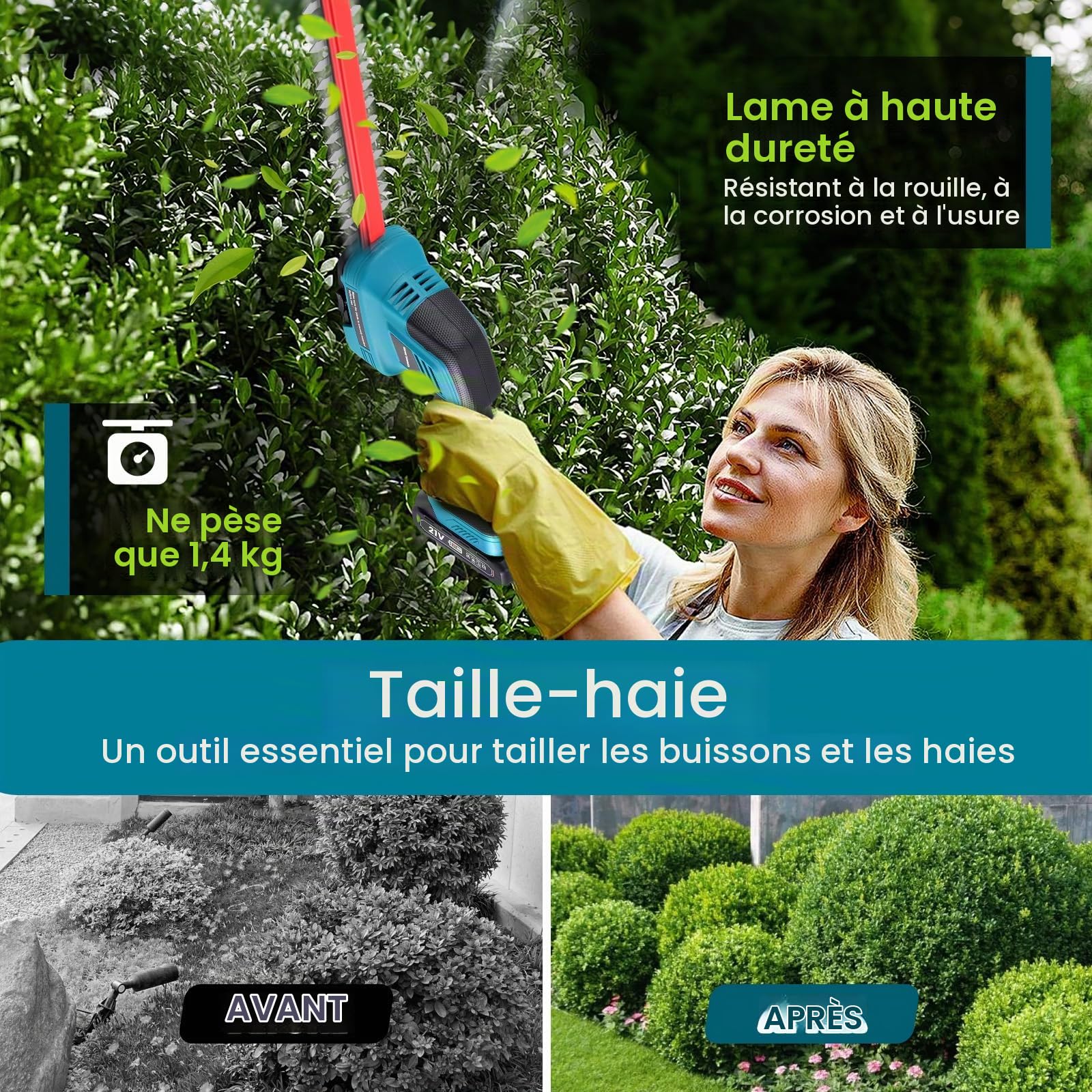 Taille Haie Batterie, Cisaille de Jardin Cisailles à Gazon Taille Haie Electrique, Coupe Haie sans Fil avec Batterie 1500mAh*2, Double Lame de Coupe,pour Désherberger, Élaguer Les Arbres, Arbustes