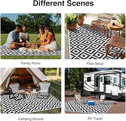 Vista 7 de OLANLY Waterproof Outdoor Rug 5x8 ft, Outdoor Plastic Straw Rug for Camping, RV Mat Outside, Indoor Outdoor Carpet for Porch, Deck, Backyard, Negro