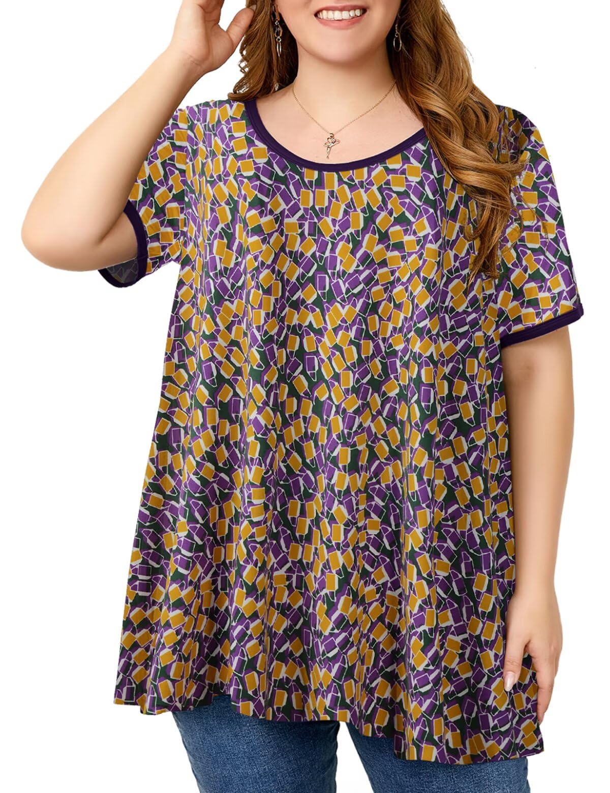OVERWORETY Short Sleeve Plus Size Tunics for Women Loose Casual Swing Tops Flowy T-Shirts
