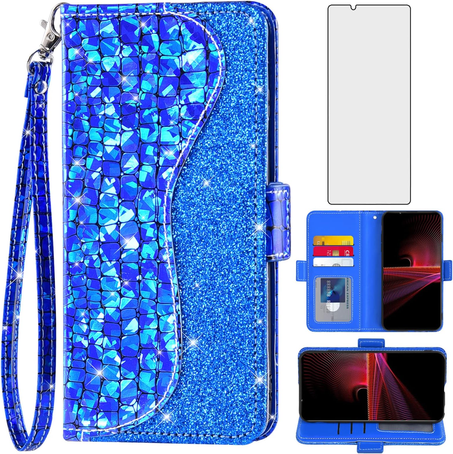 Asuwish Phone Case for Sony Xperia 1 II 2 / Experia 1II 5G Wallet Cover with Screen Protector and Flip Credit Card Holder Bling Glitter Stand Cell Experia1ii XQ-AT52 XQ-AT51 XQ-AT42 Women Girls Blue