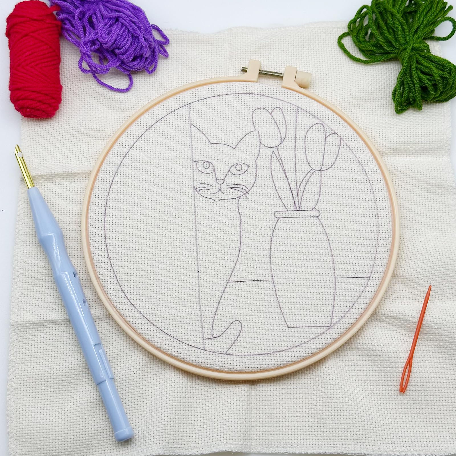 Woohome Punch Needle Kit, Kit per Ricamo con Ago Istruzioni, Strumento di Ricamo per Principianti per Principianti Adulti (Gatto e Vaso)