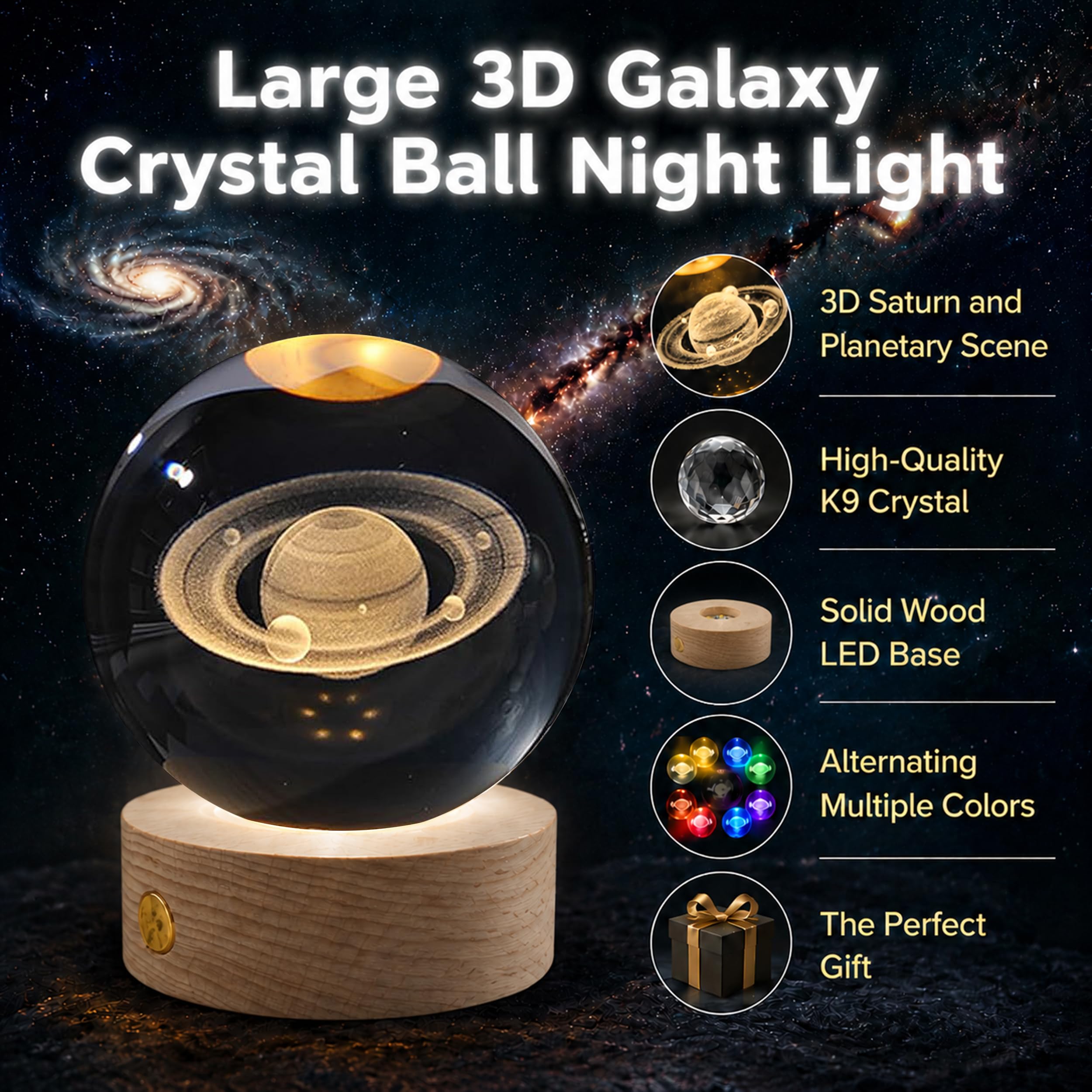 Lampada Sfera di Cristallo Saturno 3D (8cm) – Luce Notturna LED Multicolor con Base in Legno Massello e Batteria Ricaricabile USB, Sfera in Vetro K9 per Decorazioni Casa, Camera e Regalo Astronomia