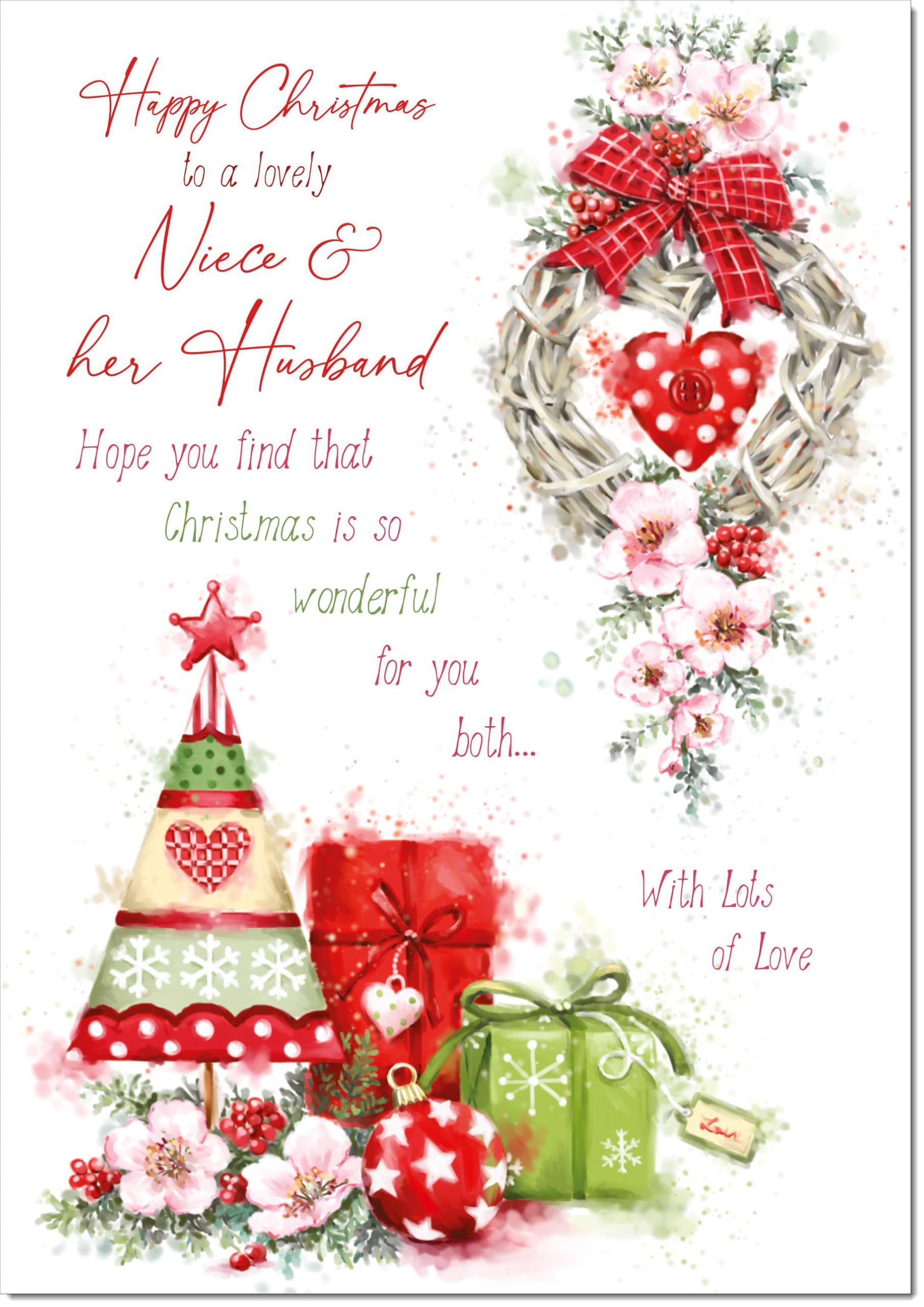 doodlecards Niece and Husband Christmas Card Heart Decorations Large A4 Size Christmas Card for Niece & Husband with Plain Envelope