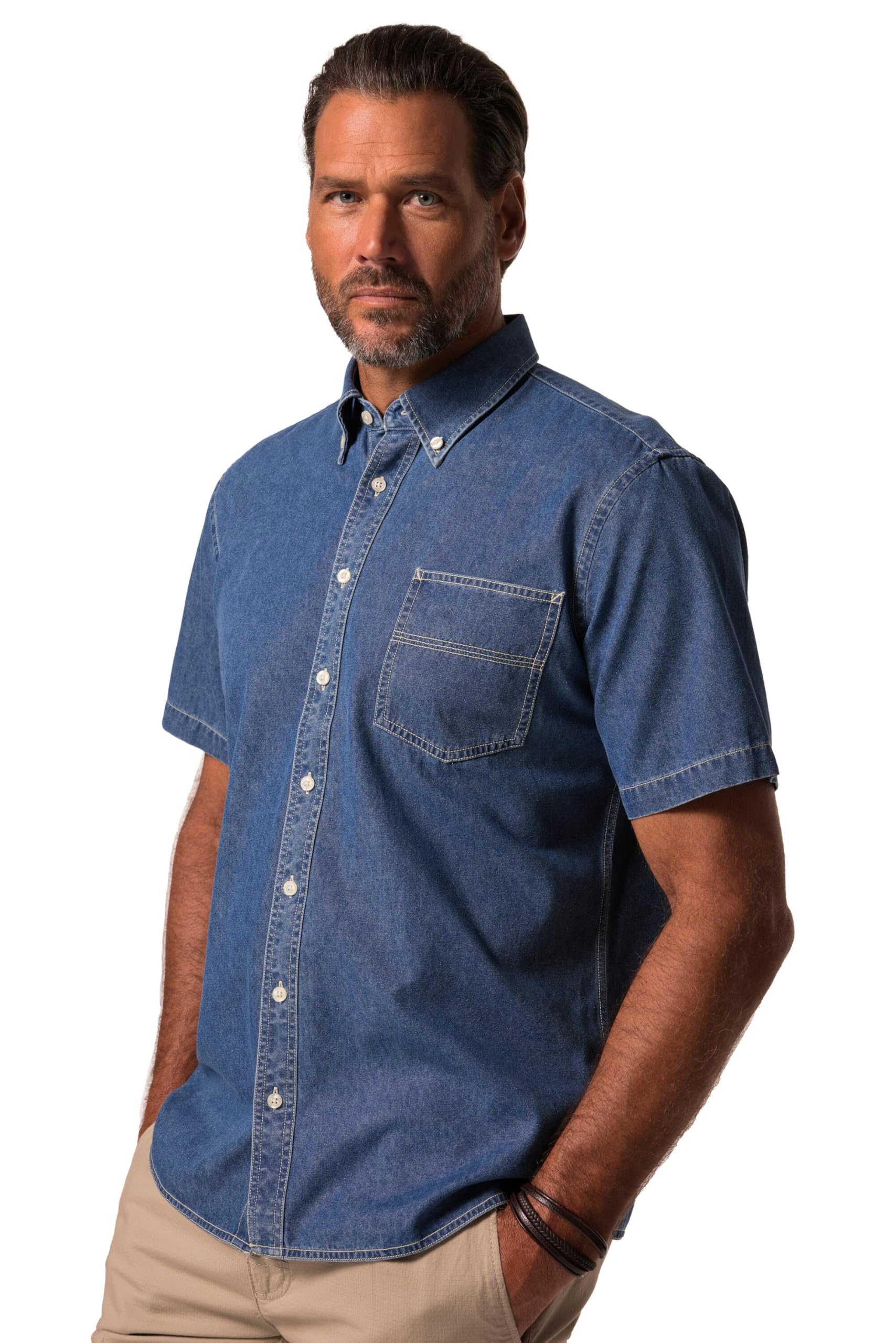 JP 1880 Herren große Größen Übergrößen Menswear L-8XL Jeanshemd, Halbarm, Buttondown-Kragen, Modern Fit 837833