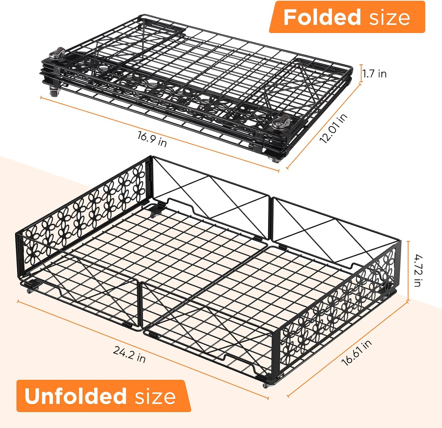 Under Bed Storage with Wheels, Rollable Under Bed Storage Container, Foldable Metal Under Bed Organizer for Bedroom Clothes Shoes Blankets Storage (2black, Black)