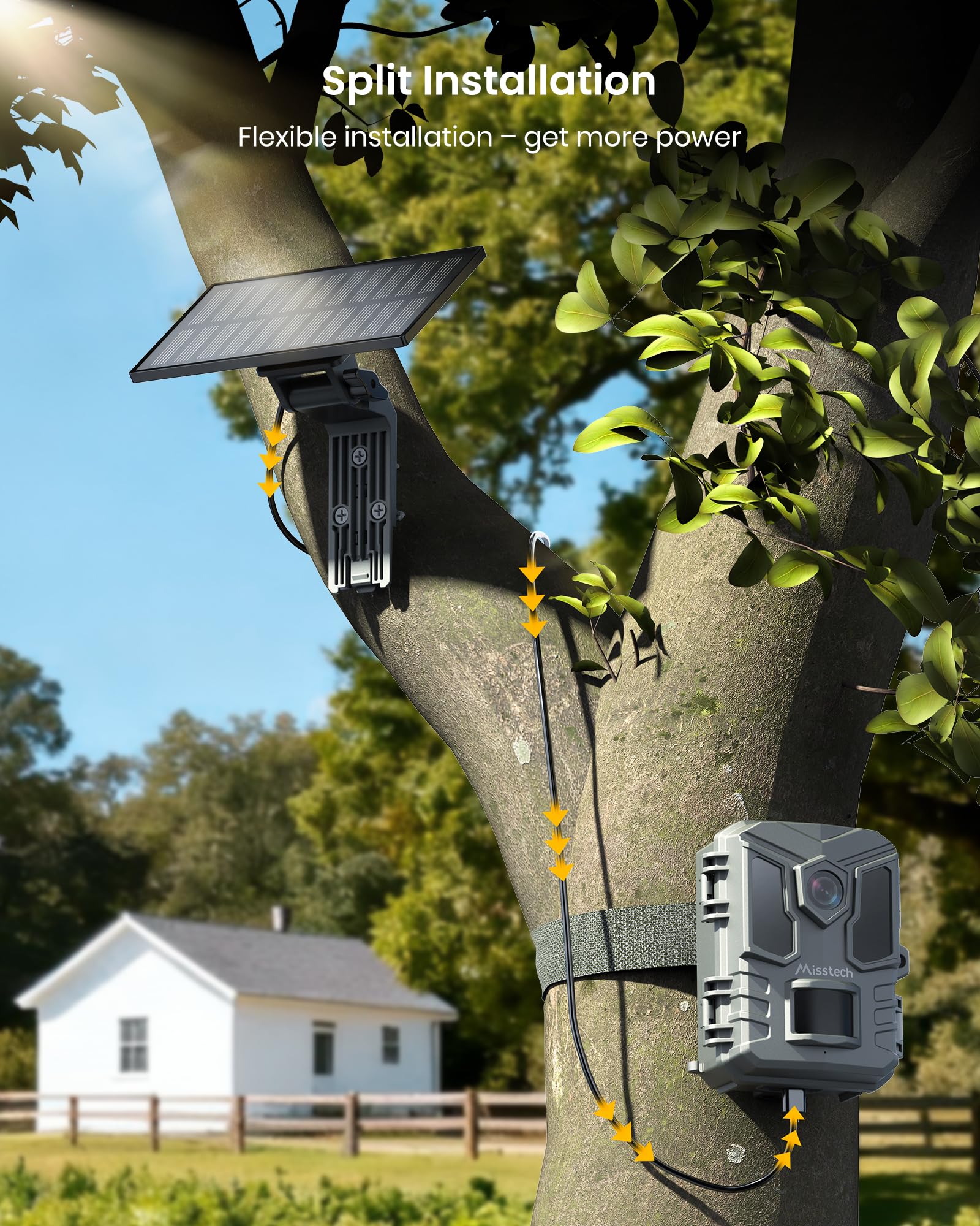 Misstech 4K UHD Solar Trail Kamera, Outdoor Wildkamera für Hofüberwachung, 0.1s Fast Motion Aktiviert zum Aufzeichnen, 64MP/4K Klare Nachtsicht, Keine Monatliche Gebühr, App-Steuerung, IP66