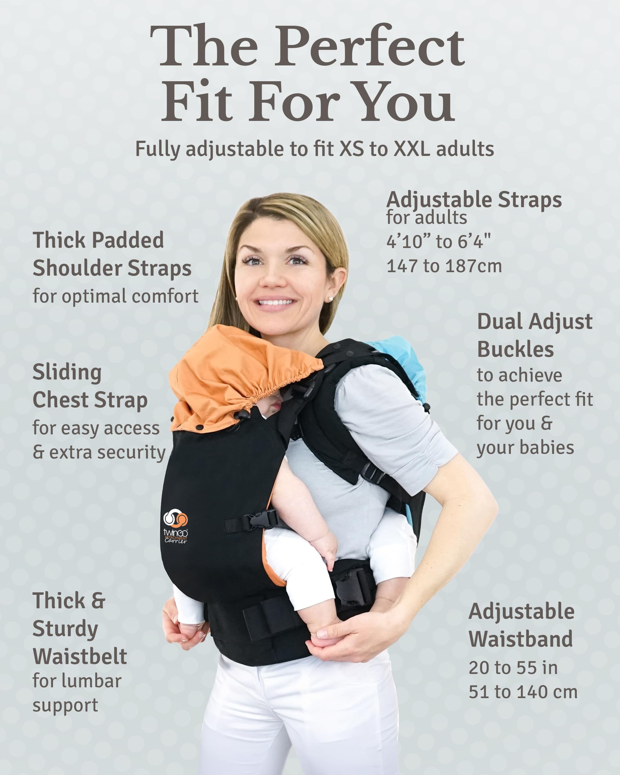 TwinGo Portabebés - Modelo Lite - Negro clásico - Funciona como un portabebés tándem o individual (las correas adicionales se venden por separado). Ajustable para hombres, mujeres, gemelos y bebés de